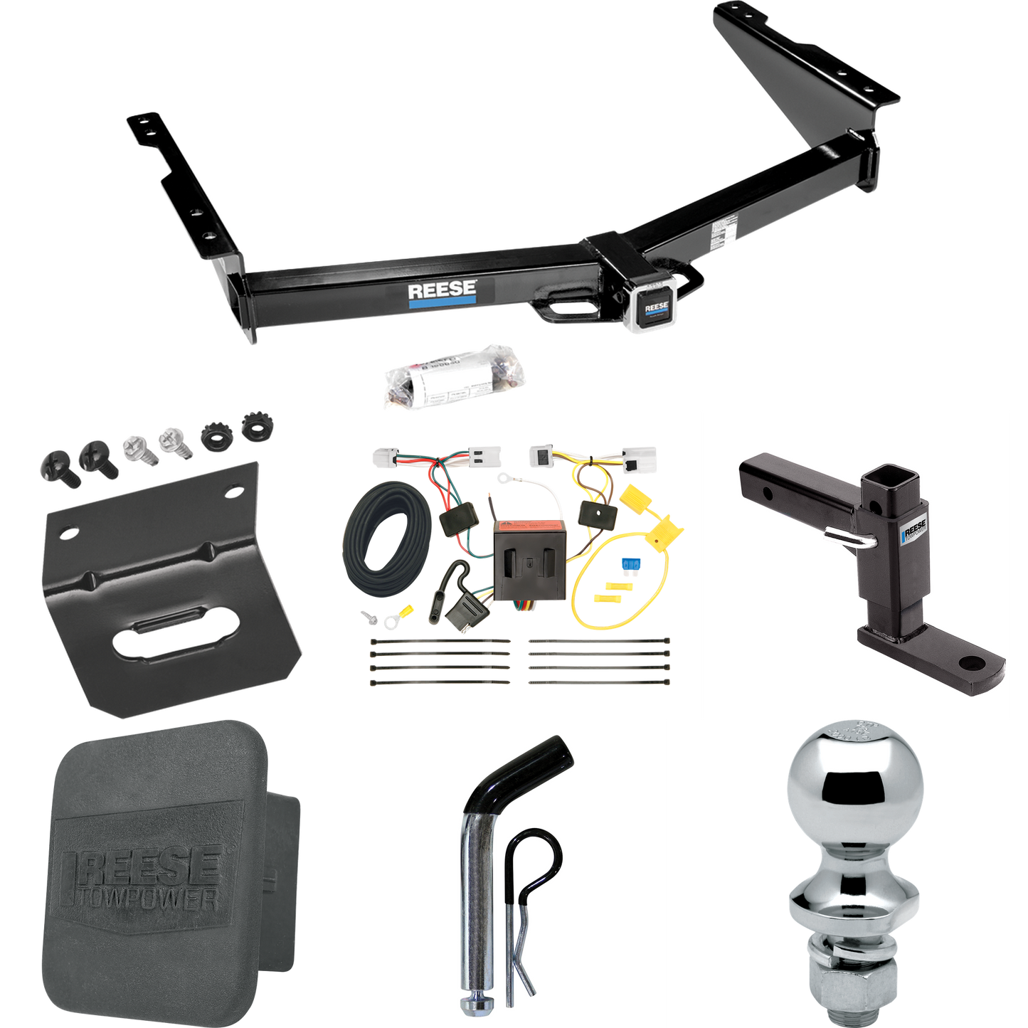 Fits 2012-2021 Nissan NV2500 Trailer Hitch Tow PKG w/ 4-Flat Wiring + Adjustable Drop Rise Ball Mount + Pin/Clip + 1-7/8" Ball + Wiring Bracket + Hitch Cover By Reese Towpower