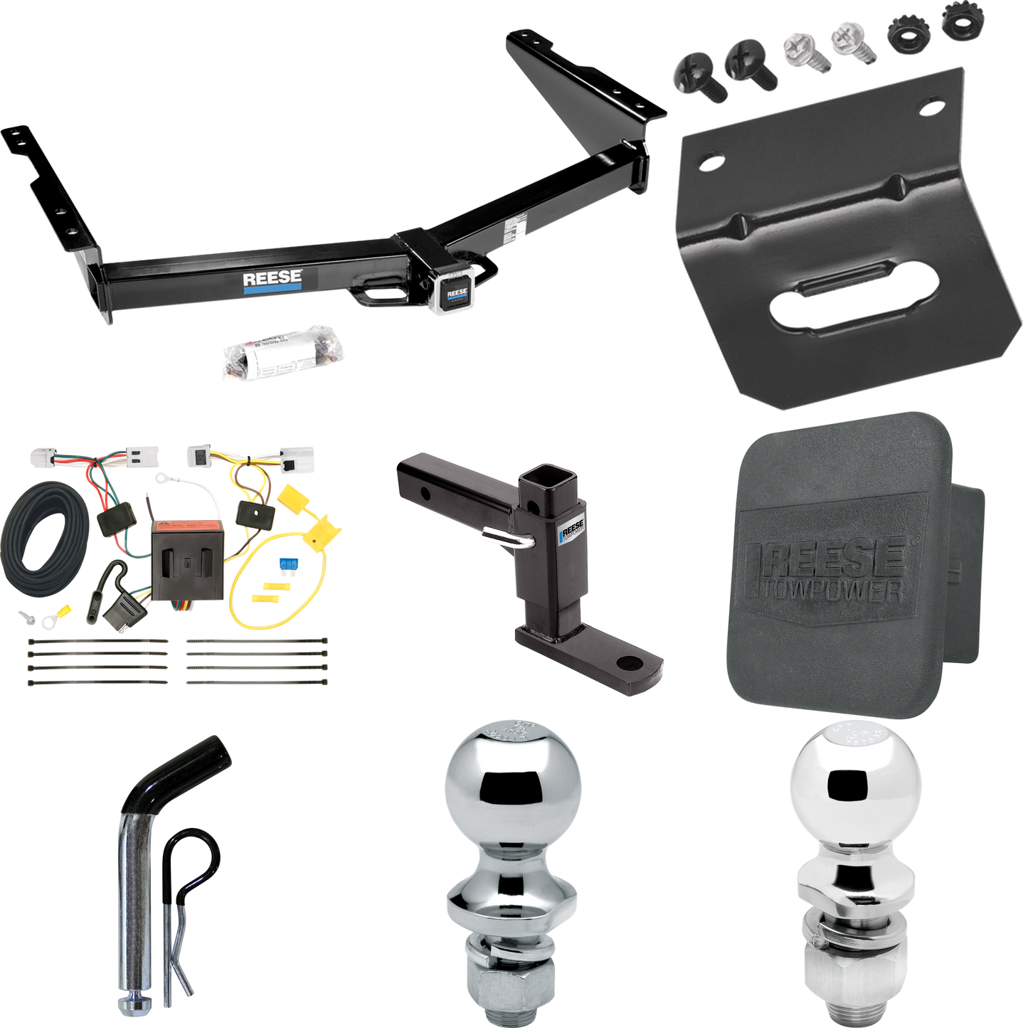 Fits 2013-2021 Nissan NV1500 Trailer Hitch Tow PKG w/ 4-Flat Wiring + Adjustable Drop Rise Ball Mount + Pin/Clip + 2" Ball + 1-7/8" Ball + Wiring Bracket + Hitch Cover By Reese Towpower