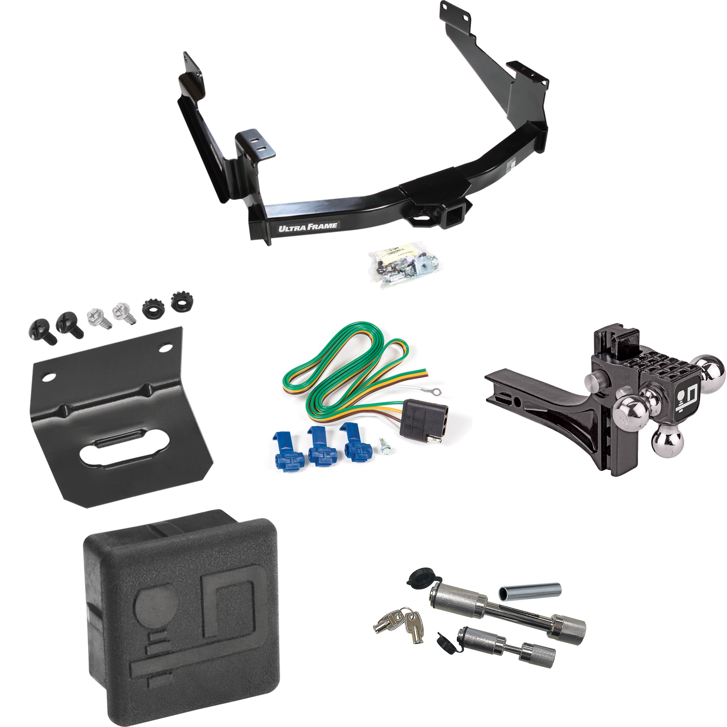 Fits 2007-2021 Toyota Tundra Trailer Hitch Tow PKG w/ 4-Flat Wiring Harness + Adjustable Drop Rise Triple Ball Ball Mount 1-7/8" & 2" & 2-5/16" Trailer Balls + Dual Hitch & Coupler Locks + Hitch Cover + Wiring Bracket (For (See Footnote CP) Models) B