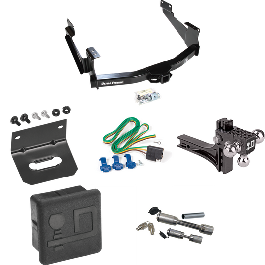 Fits 2007-2021 Toyota Tundra Trailer Hitch Tow PKG w/ 4-Flat Wiring Harness + Adjustable Drop Rise Triple Ball Ball Mount 1-7/8" & 2" & 2-5/16" Trailer Balls + Dual Hitch & Coupler Locks + Hitch Cover + Wiring Bracket (For (See Footnote CP) Models) B