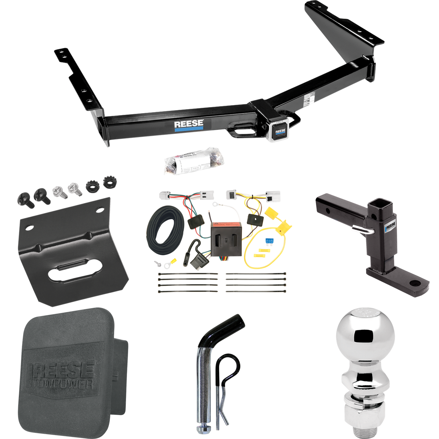 Fits 2013-2021 Nissan NV1500 Trailer Hitch Tow PKG w/ 4-Flat Wiring + Adjustable Drop Rise Ball Mount + Pin/Clip + 2-5/16" Ball + Wiring Bracket + Hitch Cover By Reese Towpower