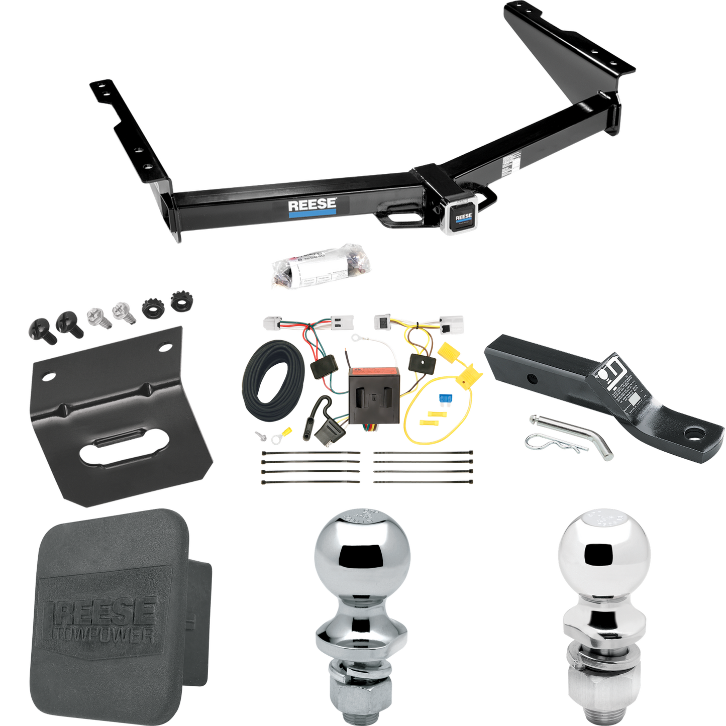 Se adapta al paquete de enganche de remolque Nissan NV3500 2012-2021 con 4 cables planos + soporte de bola con caída de 2" y bola de 2" + bola de 1-7/8" + soporte de cableado + cubierta de enganche de Reese Towpower