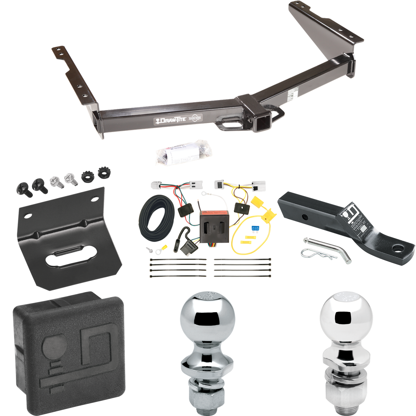 Se adapta al paquete de enganche de remolque Nissan NV2500 2012-2021 con 4 cables planos + soporte de bola con caída de 2" y bola de 2" + bola de 1-7/8" + soporte de cableado + cubierta de enganche de Draw-Tite