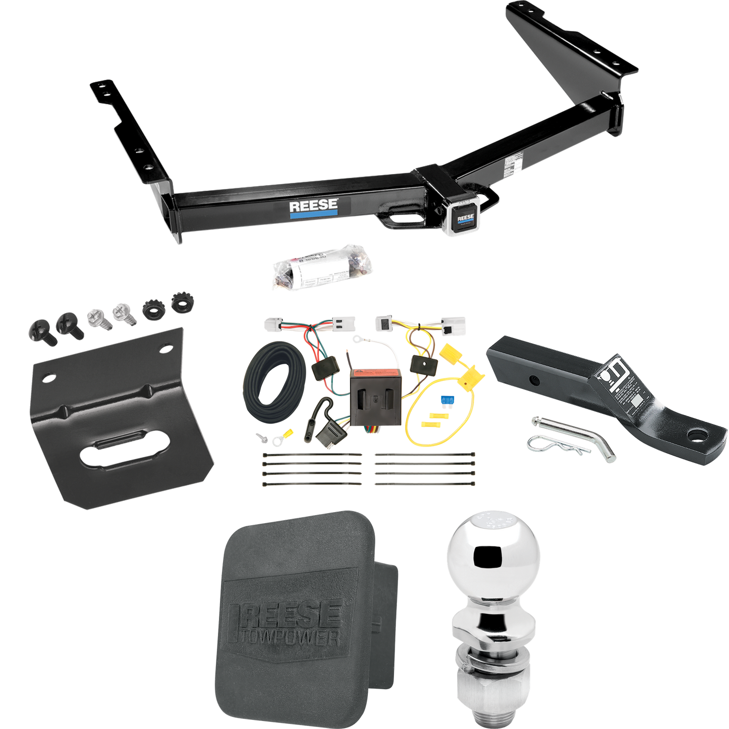 Se adapta al paquete de enganche de remolque Nissan NV3500 2012-2021 con 4 cables planos + soporte de bola con caída de 2" y bola de 2" + soporte de cableado + cubierta de enganche de Reese Towpower