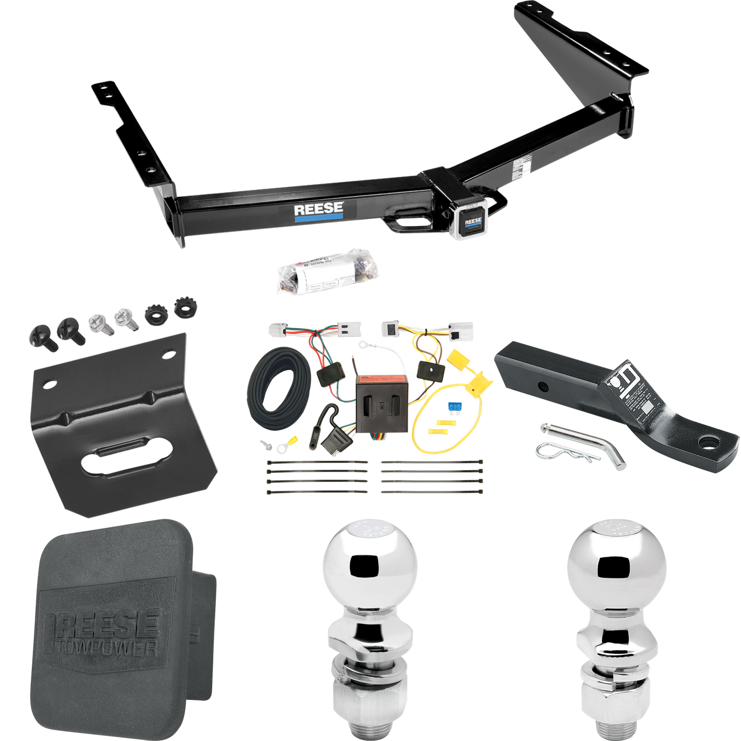 Se adapta al paquete de enganche de remolque Nissan NV3500 2012-2021 con cableado de 4 planos + soporte de bola con caída de 2" + bola de 2" + bola de 2-5/16" + soporte de cableado + cubierta de enganche de Reese Towpower