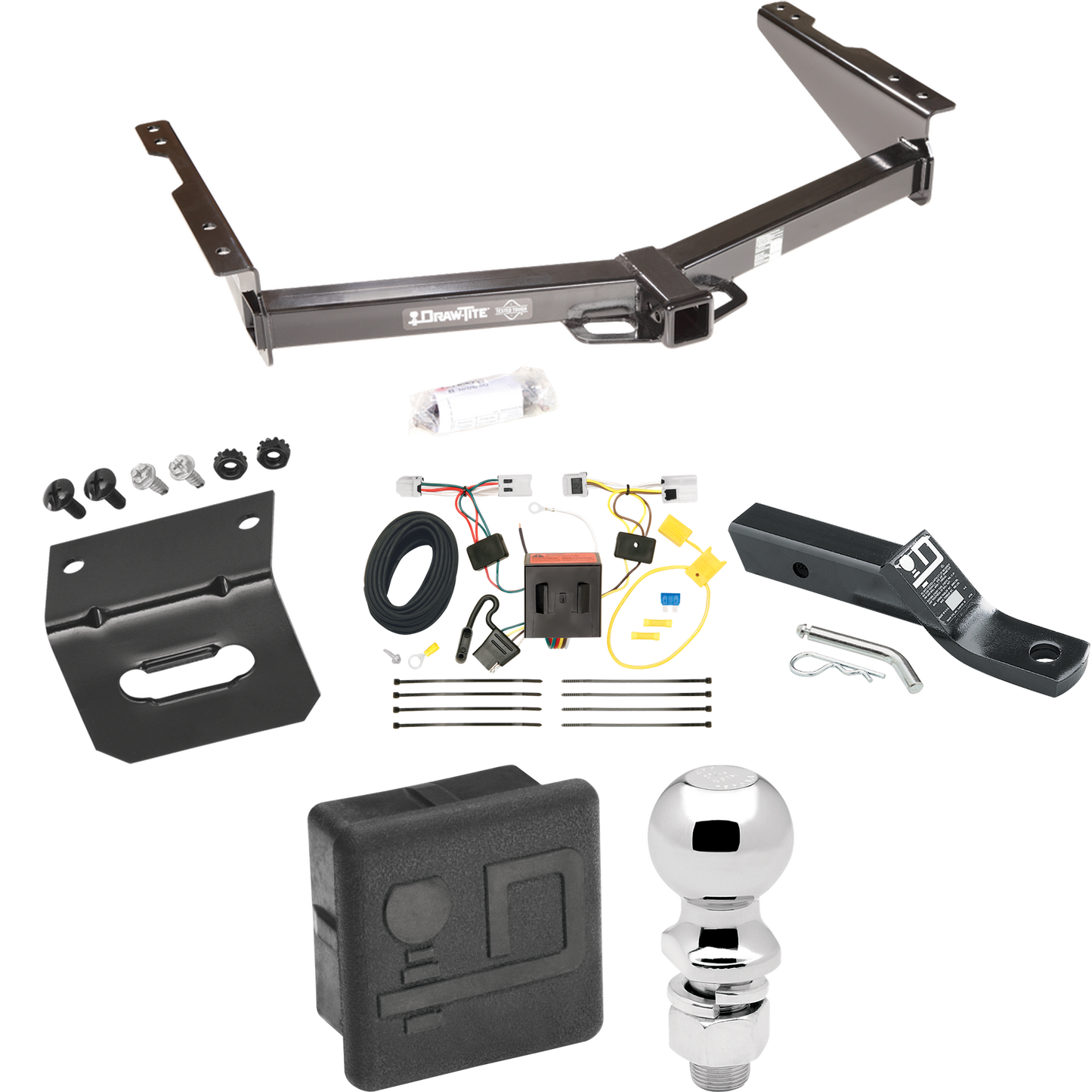 Fits 2013-2021 Nissan NV1500 Trailer Hitch Tow PKG w/ 4-Flat Wiring + Ball Mount w/ 2" Drop + 2-5/16" Ball + Wiring Bracket + Hitch Cover By Draw-Tite