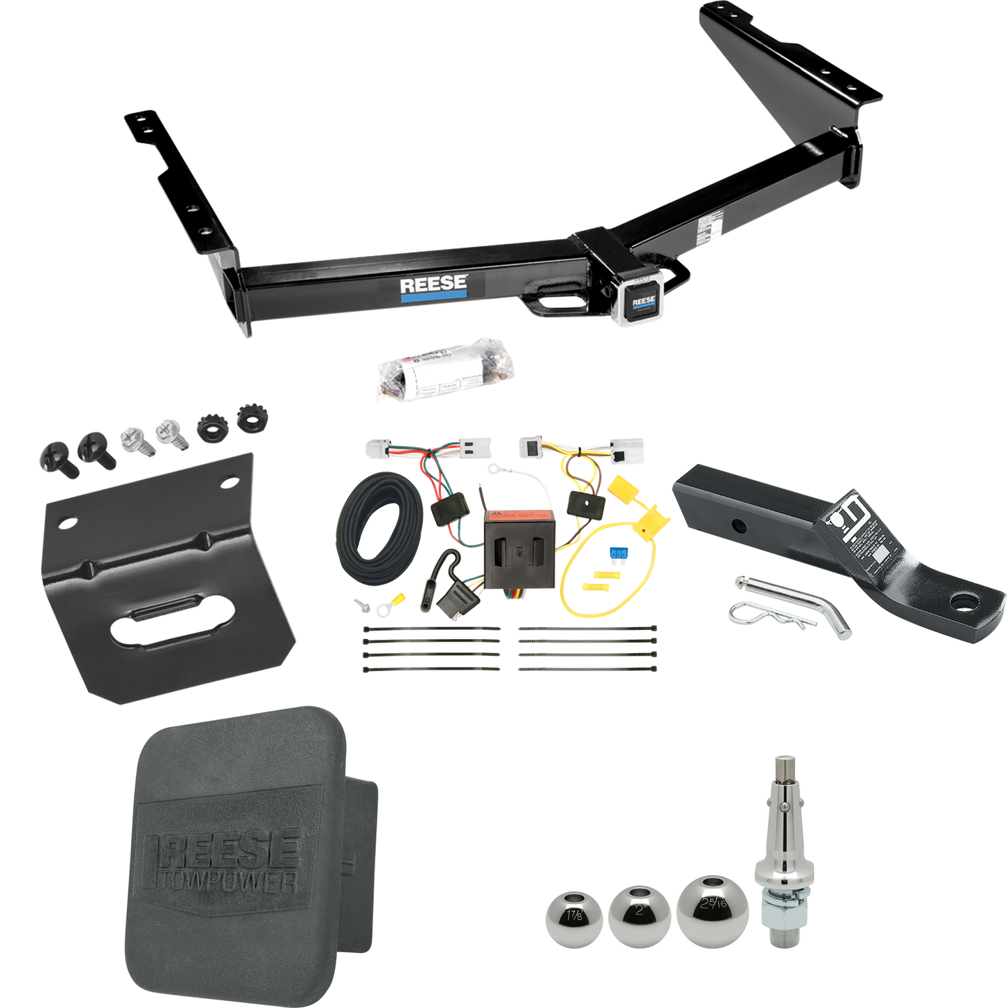 Fits 2012-2021 Nissan NV2500 Trailer Hitch Tow PKG w/ 4-Flat Wiring + Ball Mount w/ 2" Drop + Interchangeable Ball 1-7/8" & 2" & 2-5/16" + Wiring Bracket + Hitch Cover By Reese Towpower