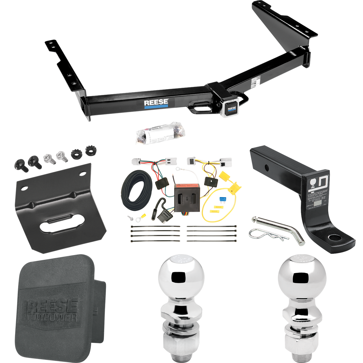 Se adapta al paquete de enganche de remolque Nissan NV3500 2012-2021 con cableado de 4 planos + soporte de bola con caída de 4" + bola de 2" + bola de 2-5/16" + soporte de cableado + cubierta de enganche de Reese Towpower