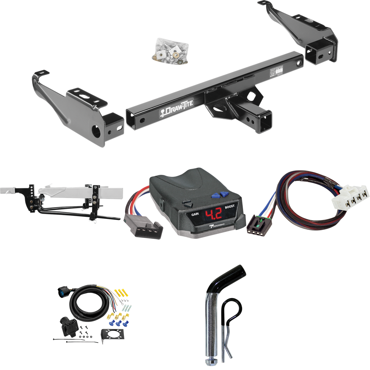 Fits 1995-2002 Dodge Ram 2500 Trailer Hitch Tow PKG w/ 11.5K Round Bar Weight Distribution Hitch w/ 2-5/16" Ball + Pin/Clip + Tekonsha BRAKE-EVN Brake Control + Plug & Play BC Adapter + 7-Way RV Wiring By Draw-Tite