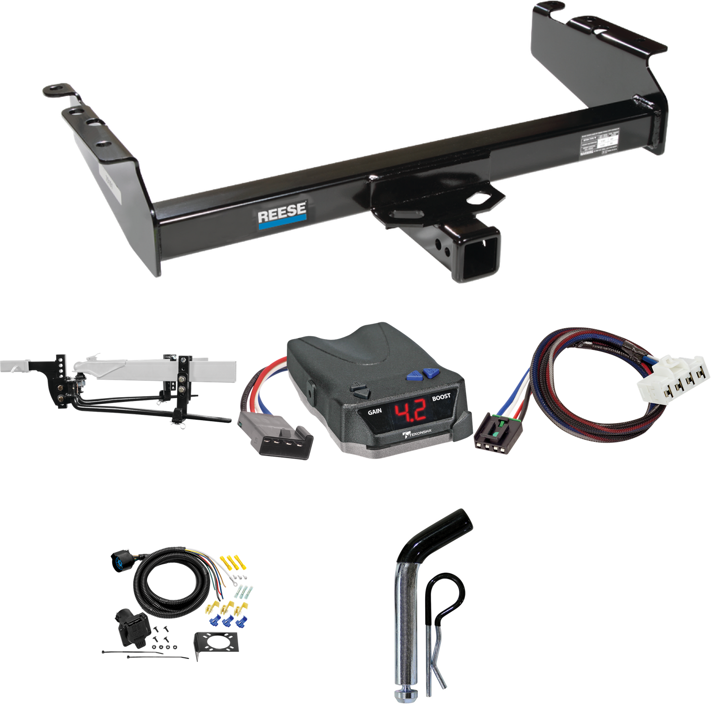 Fits 1995-2002 Dodge Ram 3500 Trailer Hitch Tow PKG w/ 11.5K Round Bar Weight Distribution Hitch w/ 2-5/16" Ball + Pin/Clip + Tekonsha BRAKE-EVN Brake Control + Plug & Play BC Adapter + 7-Way RV Wiring By Reese Towpower