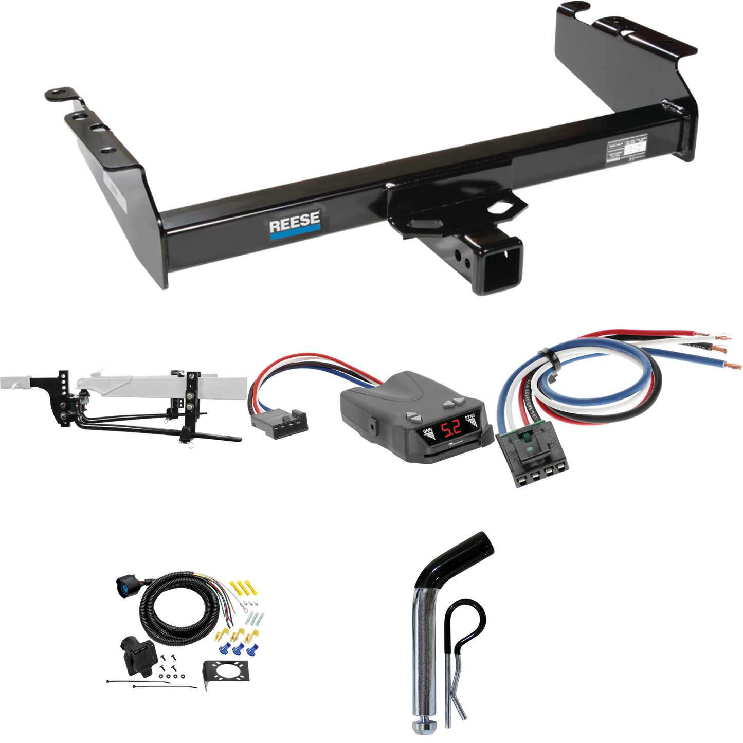 Fits 1994-1994 Dodge Ram 3500 Trailer Hitch Tow PKG w/ 11.5K Round Bar Weight Distribution Hitch w/ 2-5/16" Ball + Pin/Clip + Tekonsha Brakeman IV Brake Control + Generic BC Wiring Adapter + 7-Way RV Wiring By Reese Towpower