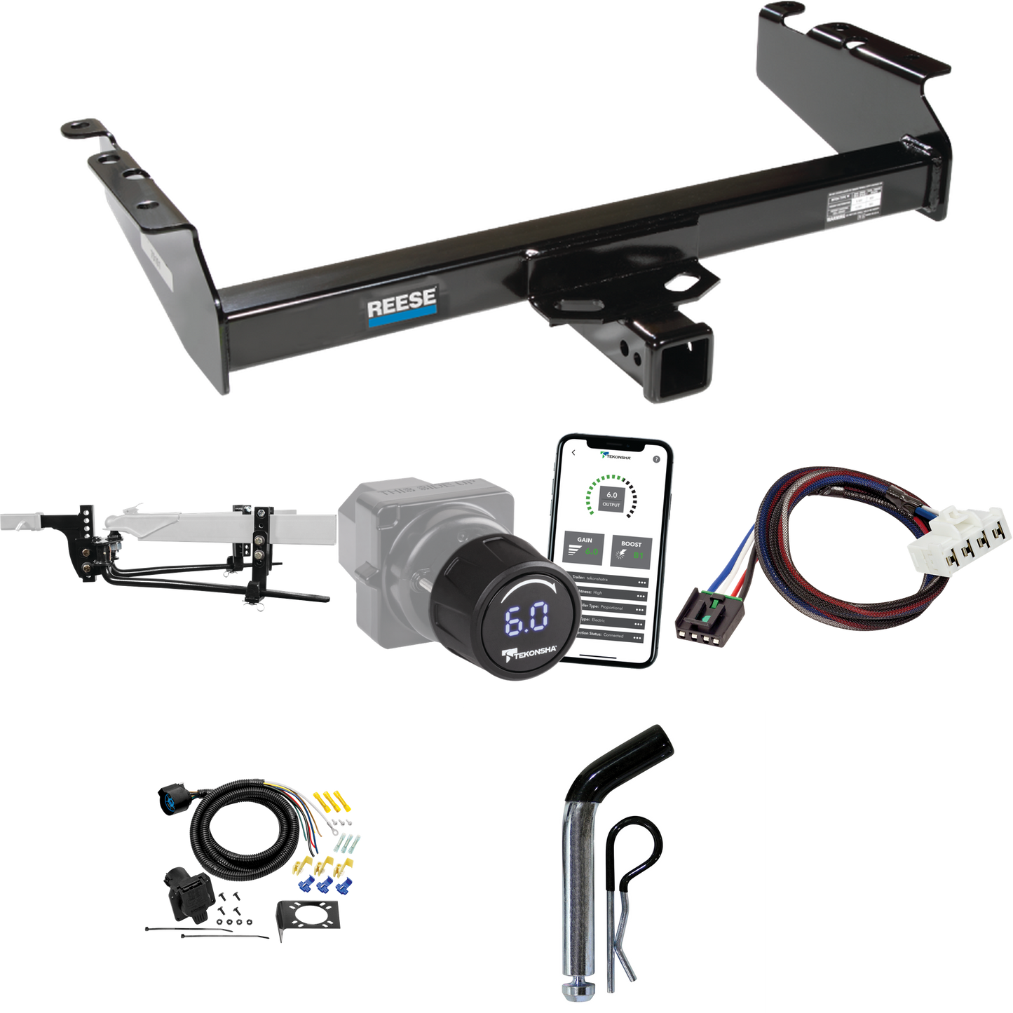 Fits 1995-2001 Dodge Ram 1500 Trailer Hitch Tow PKG w/ 11.5K Round Bar Weight Distribution Hitch w/ 2-5/16" Ball + Pin/Clip + Tekonsha Prodigy iD Bluetooth Wireless Brake Control + Plug & Play BC Adapter + 7-Way RV Wiring By Reese Towpower