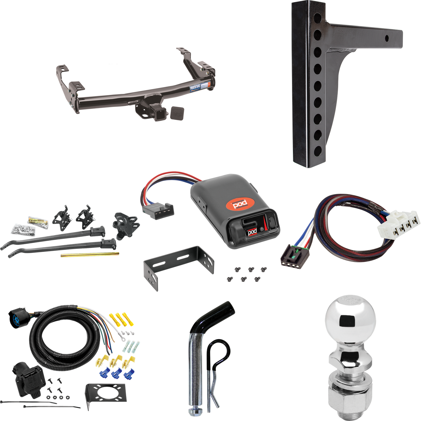 Fits 1995-2002 Dodge Ram 3500 Trailer Hitch Tow PKG w/ 12K Trunnion Bar Weight Distribution Hitch + Pin/Clip + 2-5/16" Ball + Pro Series POD Brake Control + Plug & Play BC Adapter + 7-Way RV Wiring By Reese Towpower