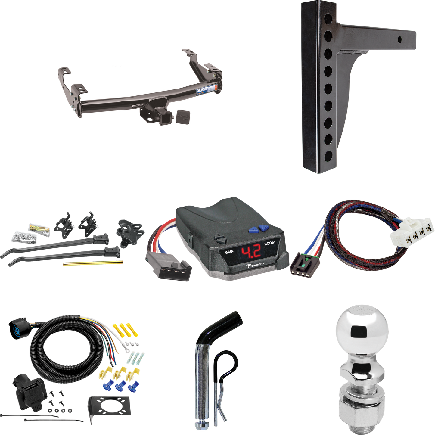 Fits 1995-2001 Dodge Ram 1500 Trailer Hitch Tow PKG w/ 12K Trunnion Bar Weight Distribution Hitch + Pin/Clip + 2-5/16" Ball + Tekonsha BRAKE-EVN Brake Control + Plug & Play BC Adapter + 7-Way RV Wiring By Reese Towpower