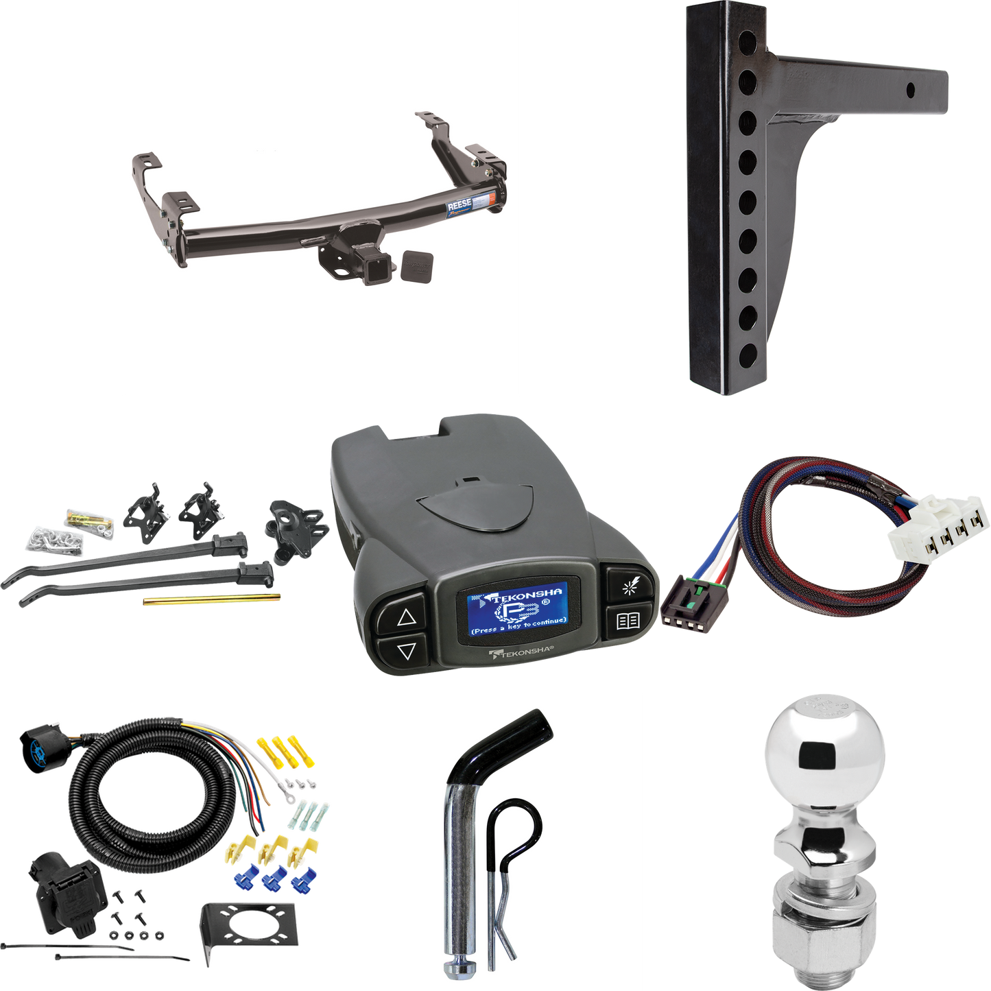 Fits 1995-2002 Dodge Ram 3500 Trailer Hitch Tow PKG w/ 12K Trunnion Bar Weight Distribution Hitch + Pin/Clip + 2-5/16" Ball + Tekonsha Prodigy P3 Brake Control + Plug & Play BC Adapter + 7-Way RV Wiring By Reese Towpower