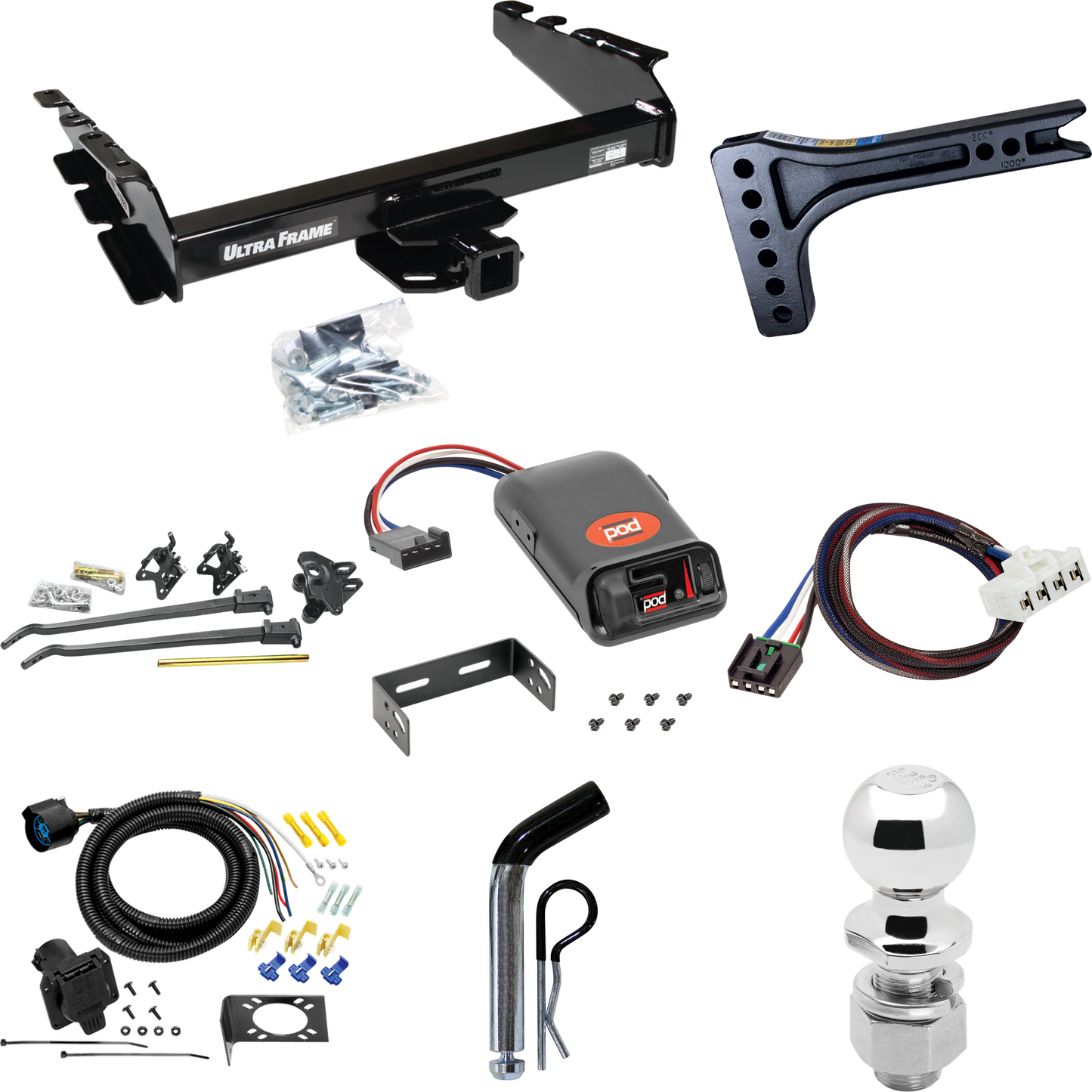 Fits 1995-2002 Dodge Ram 2500 Trailer Hitch Tow PKG w/ 15K Trunnion Bar Weight Distribution Hitch + Pin/Clip + 2-5/16" Ball + Pro Series POD Brake Control + Plug & Play BC Adapter + 7-Way RV Wiring By Draw-Tite