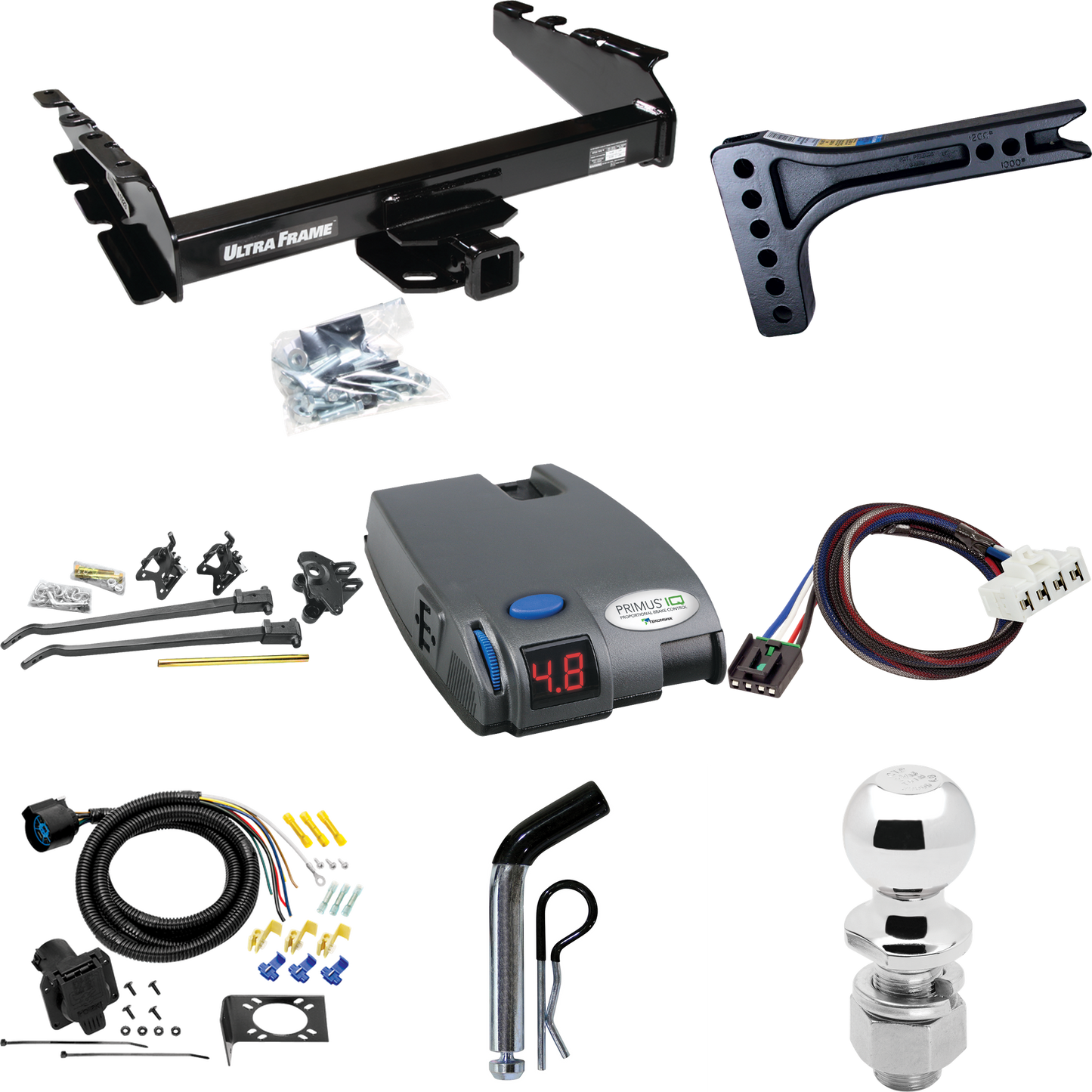 Fits 1995-2001 Dodge Ram 1500 Trailer Hitch Tow PKG w/ 15K Trunnion Bar Weight Distribution Hitch + Pin/Clip + 2-5/16" Ball + Tekonsha Primus IQ Brake Control + Plug & Play BC Adapter + 7-Way RV Wiring By Draw-Tite