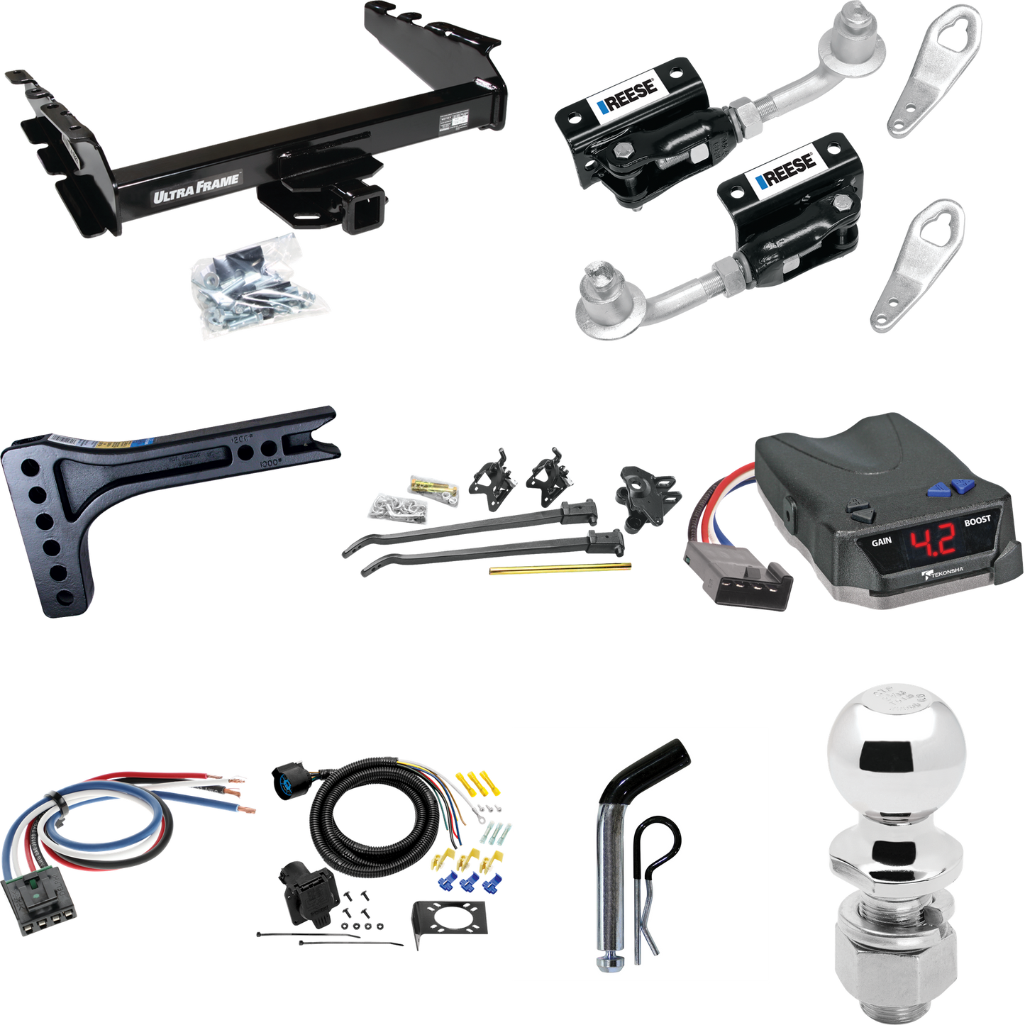 Fits 1994-1994 Dodge Ram 1500 Trailer Hitch Tow PKG w/ 15K Trunnion Bar Weight Distribution Hitch + Pin/Clip + Dual Cam Sway Control + 2-5/16" Ball + Tekonsha BRAKE-EVN Brake Control + Generic BC Wiring Adapter + 7-Way RV Wiring By Draw-Tite