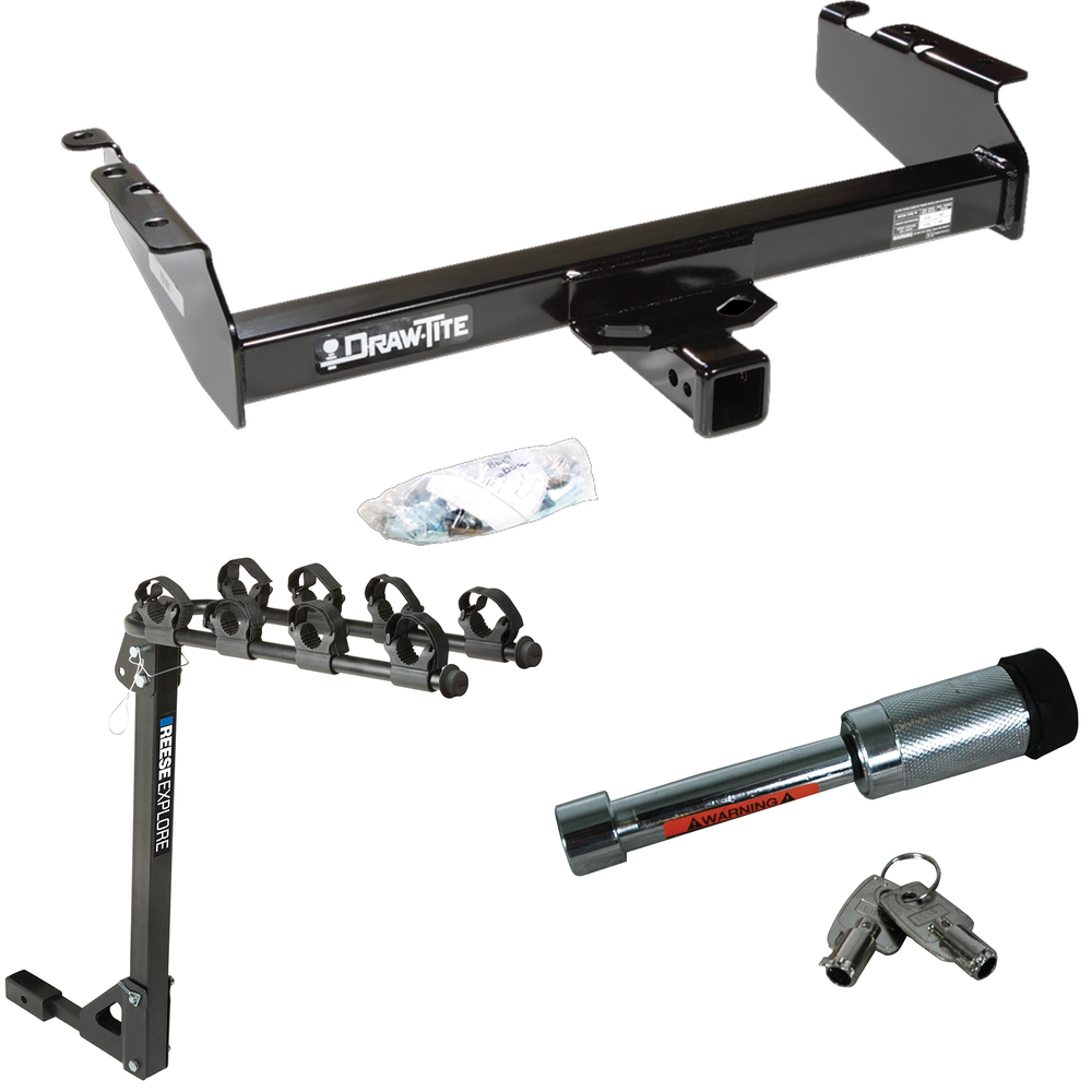 Fits 1994-2001 Dodge Ram 1500 Trailer Hitch Tow PKG w/ 4 Bike Carrier Rack + Hitch Lock By Draw-Tite