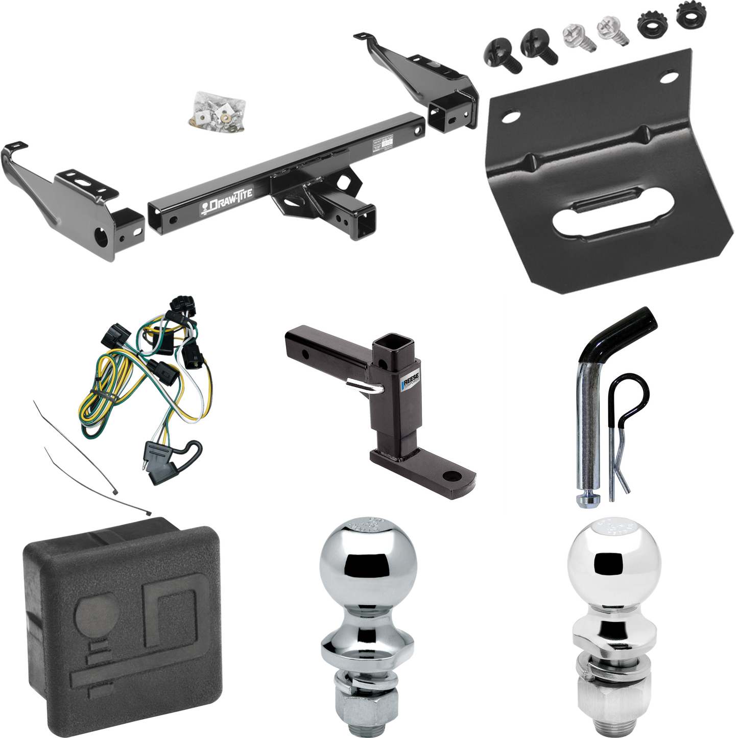 Fits 1995-2001 Dodge Ram 1500 Trailer Hitch Tow PKG w/ 4-Flat Wiring + Adjustable Drop Rise Ball Mount + Pin/Clip + 2" Ball + 1-7/8" Ball + Wiring Bracket + Hitch Cover By Draw-Tite