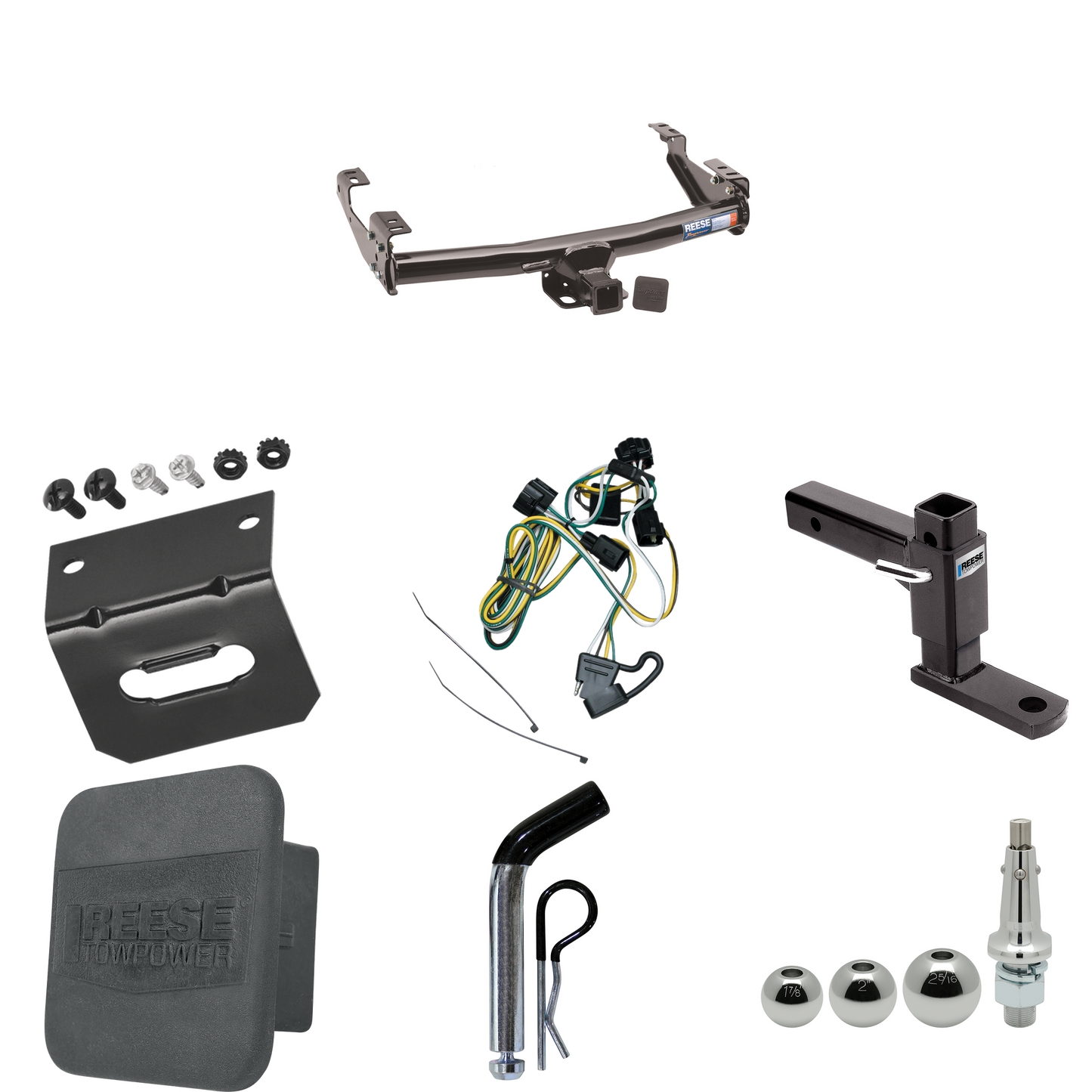 Fits 1995-2001 Dodge Ram 4000 Trailer Hitch Tow PKG w/ 4-Flat Wiring + Adjustable Drop Rise Ball Mount + Pin/Clip + Inerchangeable 1-7/8" & 2" & 2-5/16" Balls + Wiring Bracket + Hitch Cover By Reese Towpower