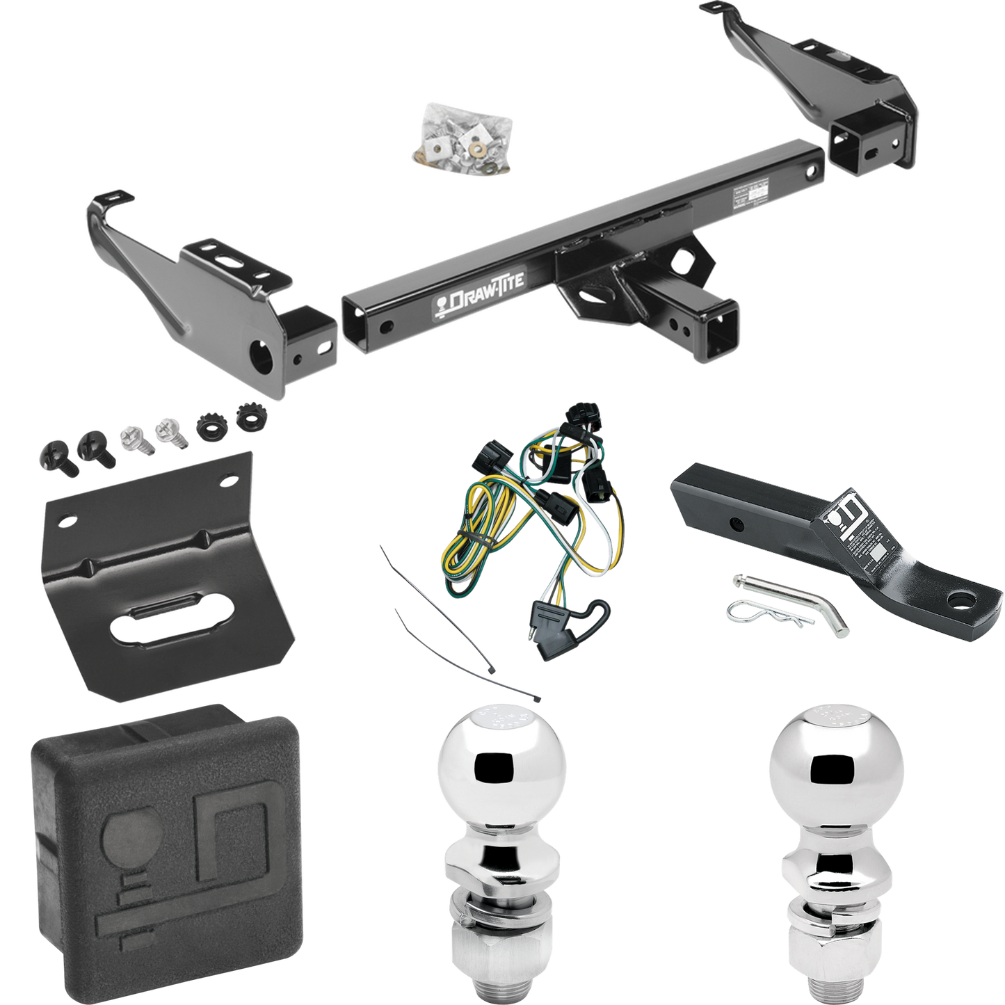 Fits 1995-2001 Dodge Ram 1500 Trailer Hitch Tow PKG w/ 4-Flat Wiring + Ball Mount w/ 2" Drop + 2" Ball + 2-5/16" Ball + Wiring Bracket + Hitch Cover By Draw-Tite