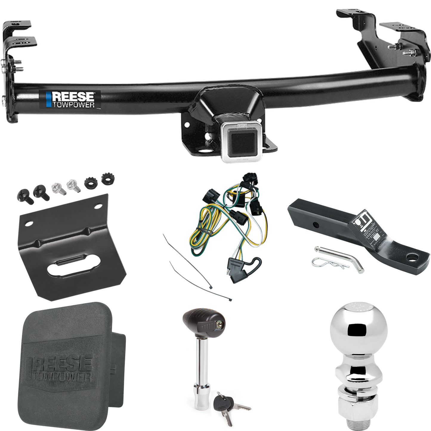 Fits 1995-2002 Dodge Ram 3500 Trailer Hitch Tow PKG w/ 4-Flat Wiring + Ball Mount w/ 2" Drop + 2-5/16" Ball + Wiring Bracket + Hitch Lock + Hitch Cover By Reese Towpower