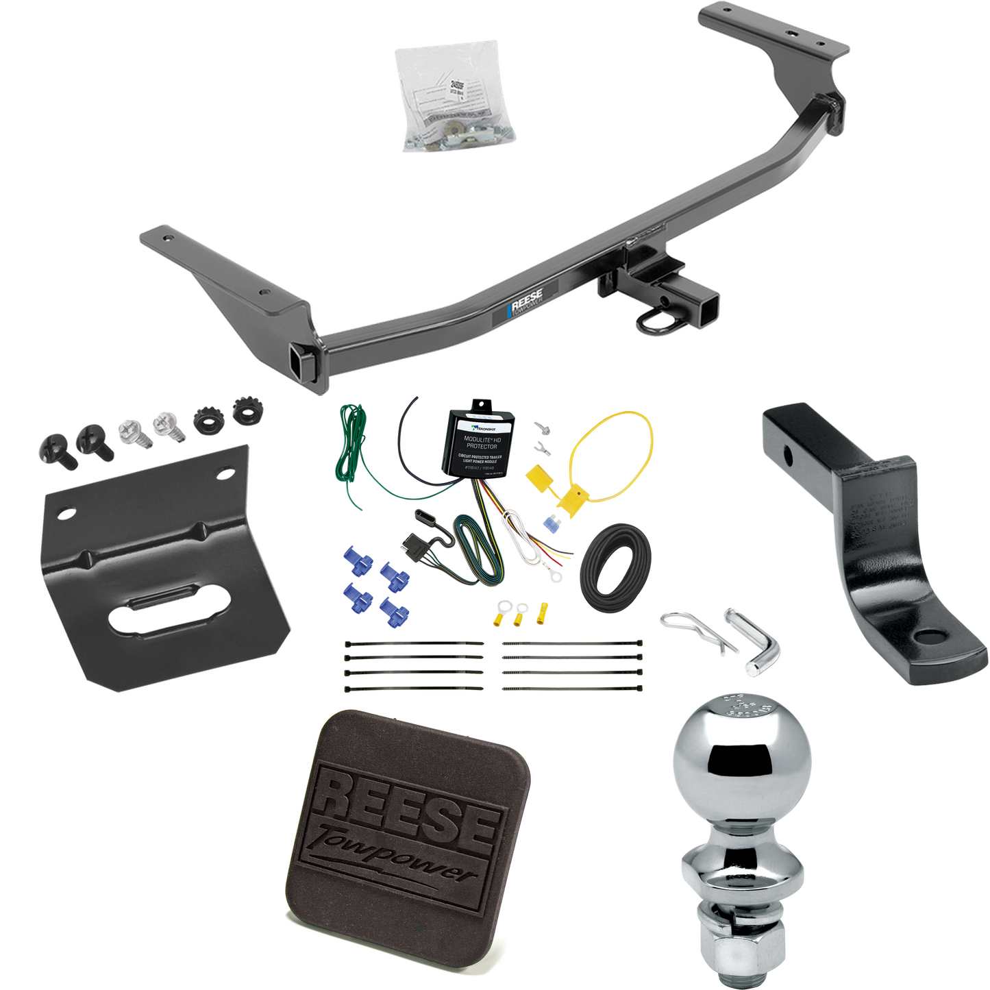 Se adapta al paquete de enganche de remolque Hyundai Elantra 2017-2020 con arnés de cableado plano de 4 + barra de tracción + bola de 2" + soporte de cableado + cubierta de enganche (para modelos limitados) de Reese Towpower