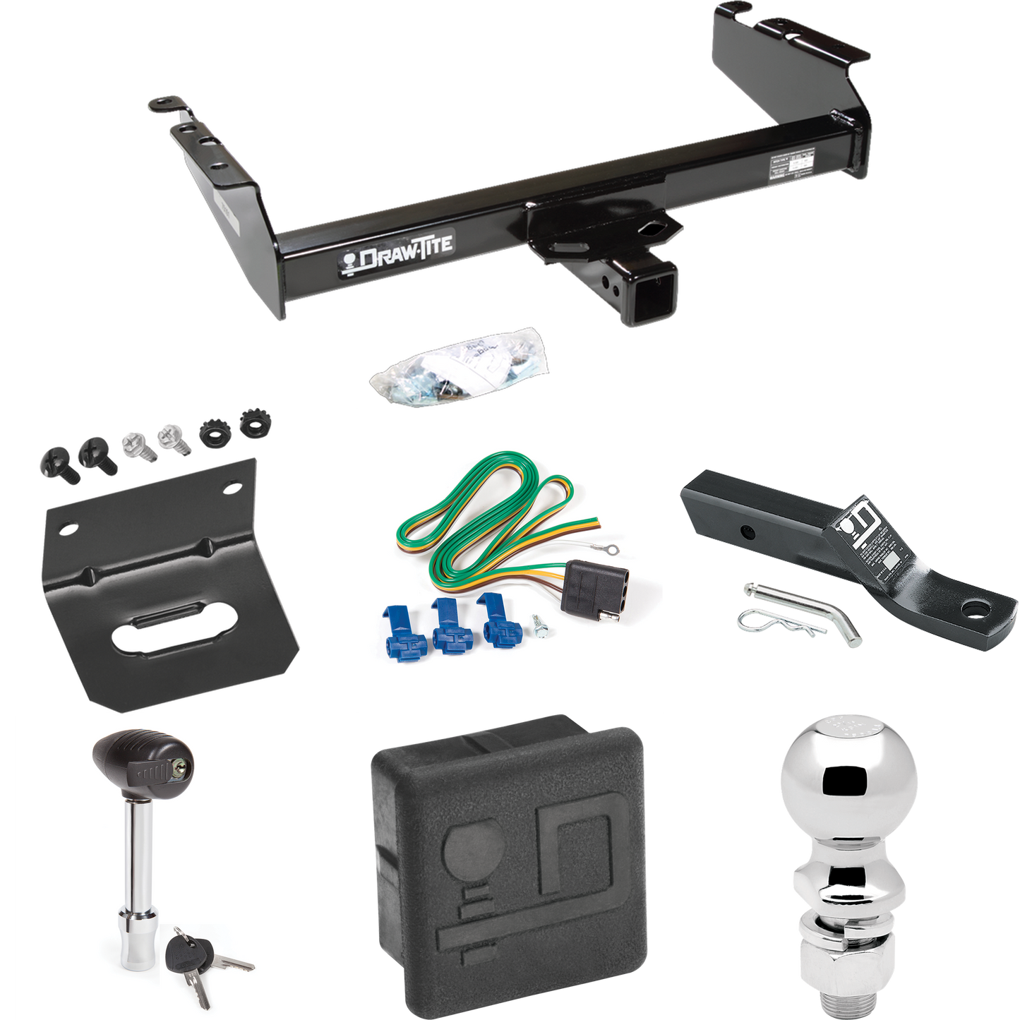 Fits 1994-1994 Dodge Ram 1500 Trailer Hitch Tow PKG w/ 4-Flat Wiring + Ball Mount w/ 2" Drop + 2-5/16" Ball + Wiring Bracket + Hitch Lock + Hitch Cover By Draw-Tite