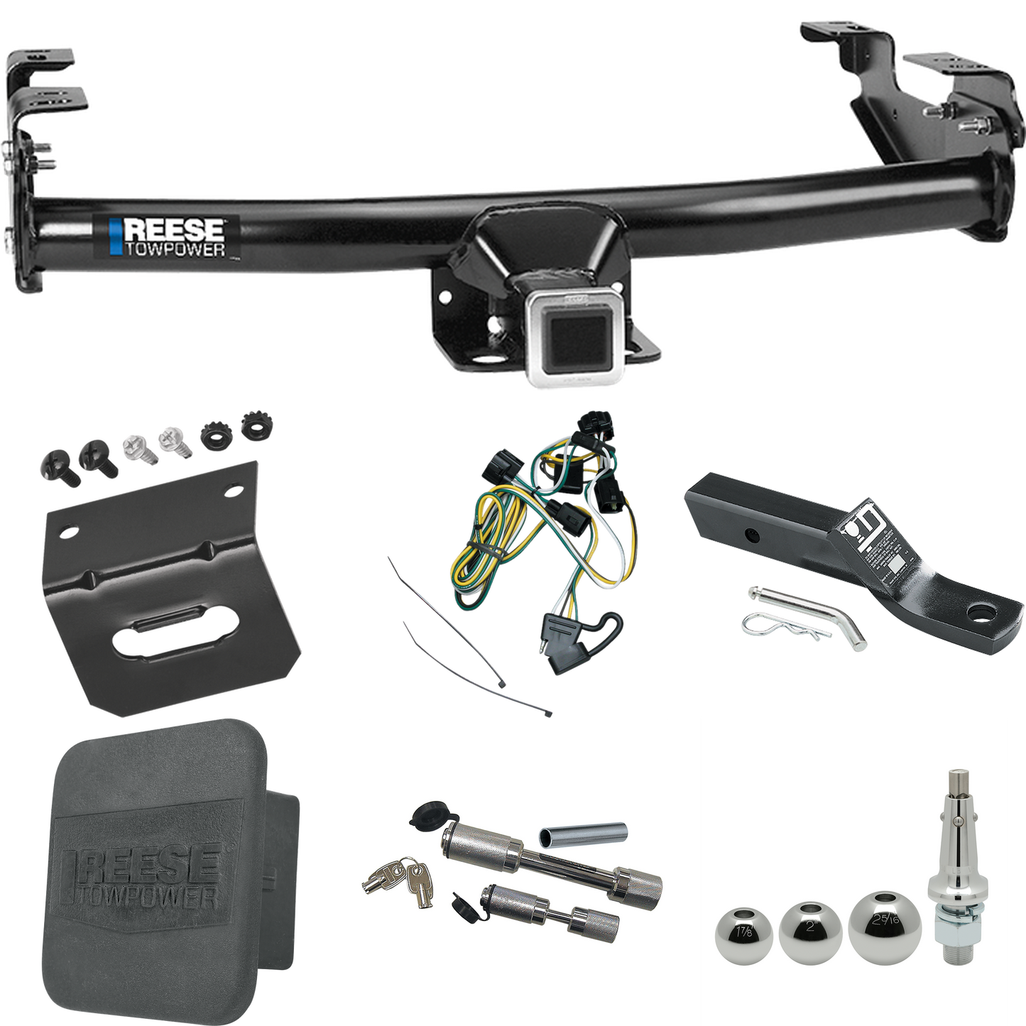 Fits 1995-2002 Dodge Ram 3500 Trailer Hitch Tow PKG w/ 4-Flat Wiring + Ball Mount w/ 2" Drop + Interchangeable Ball 1-7/8" & 2" & 2-5/16" + Wiring Bracket + Dual Hitch & Coupler Locks + Hitch Cover By Reese Towpower