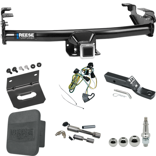 Fits 1995-2002 Dodge Ram 3500 Trailer Hitch Tow PKG w/ 4-Flat Wiring + Ball Mount w/ 2" Drop + Interchangeable Ball 1-7/8" & 2" & 2-5/16" + Wiring Bracket + Dual Hitch & Coupler Locks + Hitch Cover By Reese Towpower