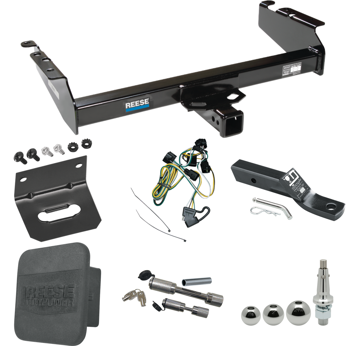 Fits 1995-2002 Dodge Ram 2500 Trailer Hitch Tow PKG w/ 4-Flat Wiring + Ball Mount w/ 2" Drop + Interchangeable Ball 1-7/8" & 2" & 2-5/16" + Wiring Bracket + Dual Hitch & Coupler Locks + Hitch Cover By Reese Towpower