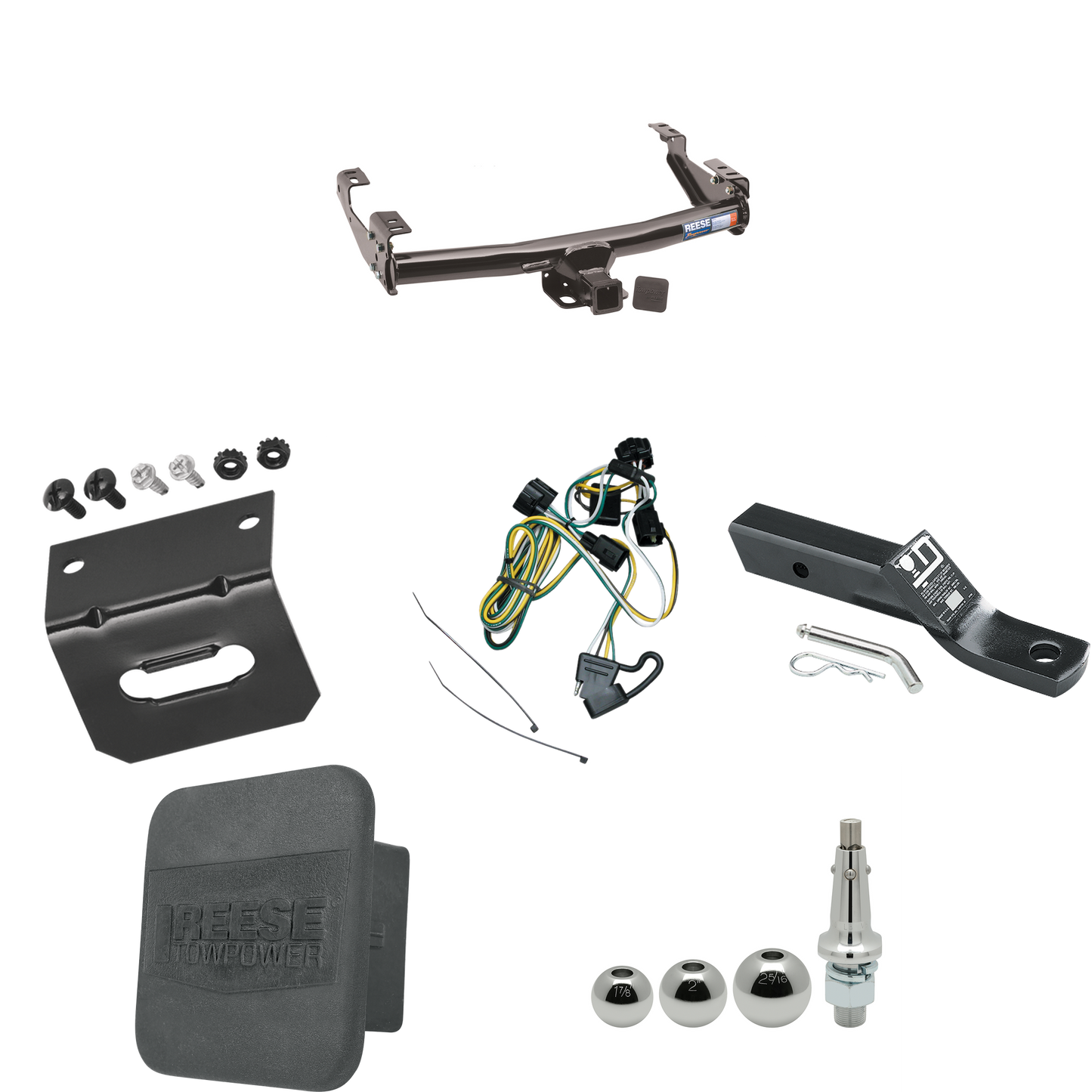 Fits 1995-2002 Dodge Ram 3500 Trailer Hitch Tow PKG w/ 4-Flat Wiring + Ball Mount w/ 2" Drop + Interchangeable Ball 1-7/8" & 2" & 2-5/16" + Wiring Bracket + Hitch Cover By Reese Towpower