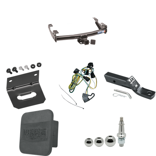 Fits 1995-2002 Dodge Ram 3500 Trailer Hitch Tow PKG w/ 4-Flat Wiring + Ball Mount w/ 2" Drop + Interchangeable Ball 1-7/8" & 2" & 2-5/16" + Wiring Bracket + Hitch Cover By Reese Towpower