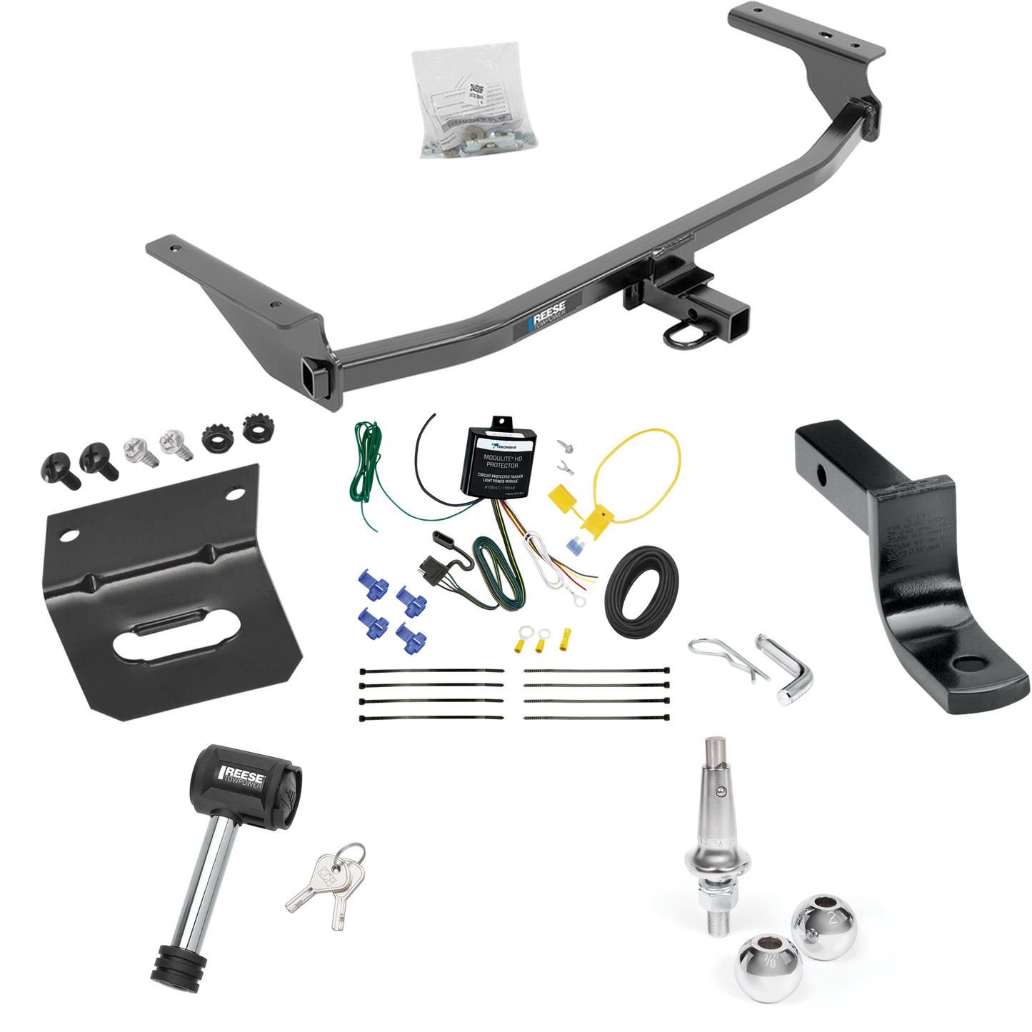 Se adapta al paquete de enganche de remolque Hyundai Elantra 2017-2020 con arnés de cableado de 4 planos + barra de tracción + bolas intercambiables de 1-7/8" y 2" + soporte de cableado + bloqueo de enganche (para modelos limitados) de Reese Towpower