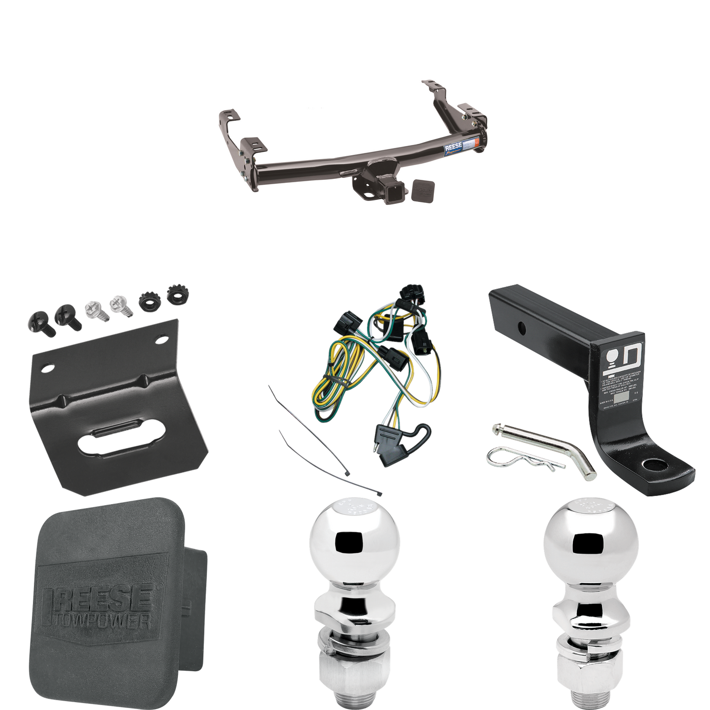 Fits 1995-2002 Dodge Ram 3500 Trailer Hitch Tow PKG w/ 4-Flat Wiring + Ball Mount w/ 4" Drop + 2" Ball + 2-5/16" Ball + Wiring Bracket + Hitch Cover By Reese Towpower