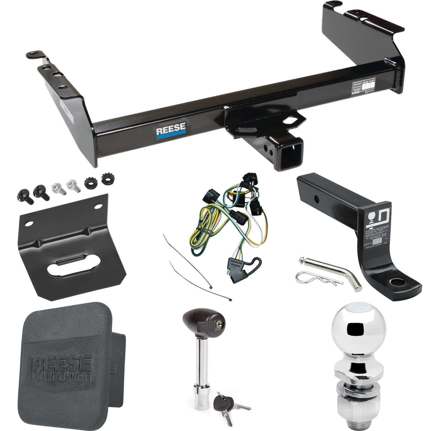 Fits 1995-2001 Dodge Ram 1500 Trailer Hitch Tow PKG w/ 4-Flat Wiring + Ball Mount w/ 4" Drop + 2" Ball + Wiring Bracket + Hitch Lock + Hitch Cover By Reese Towpower