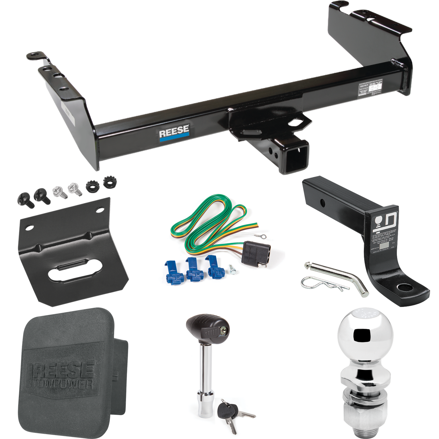 Fits 1994-1994 Dodge Ram 3500 Trailer Hitch Tow PKG w/ 4-Flat Wiring + Ball Mount w/ 4" Drop + 2" Ball + Wiring Bracket + Hitch Lock + Hitch Cover By Reese Towpower