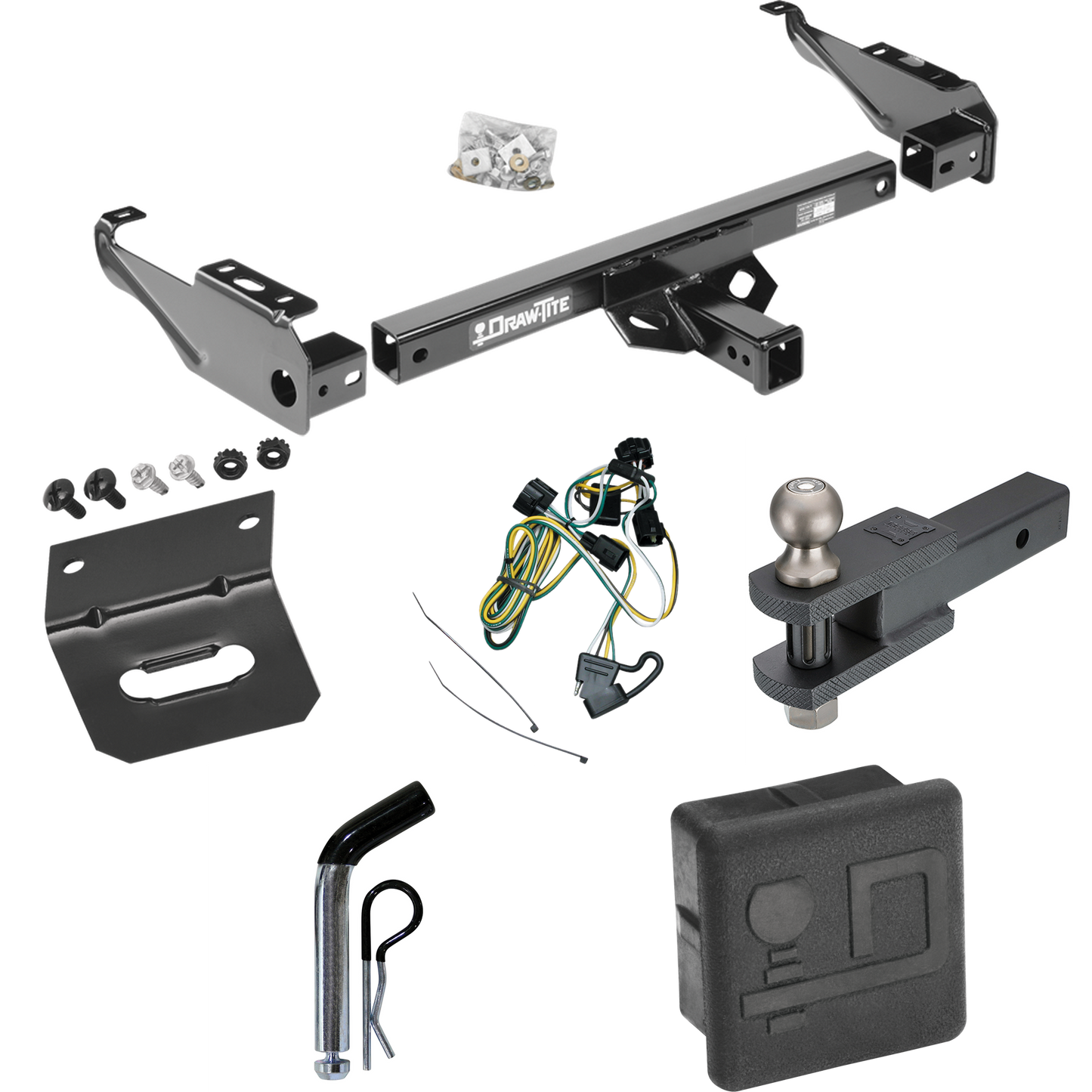 Fits 1995-2001 Dodge Ram 1500 Trailer Hitch Tow PKG w/ 4-Flat Wiring + Clevis Hitch Ball Mount w/ 2" Ball + Pin/Clip + Wiring Bracket + Hitch Cover By Draw-Tite