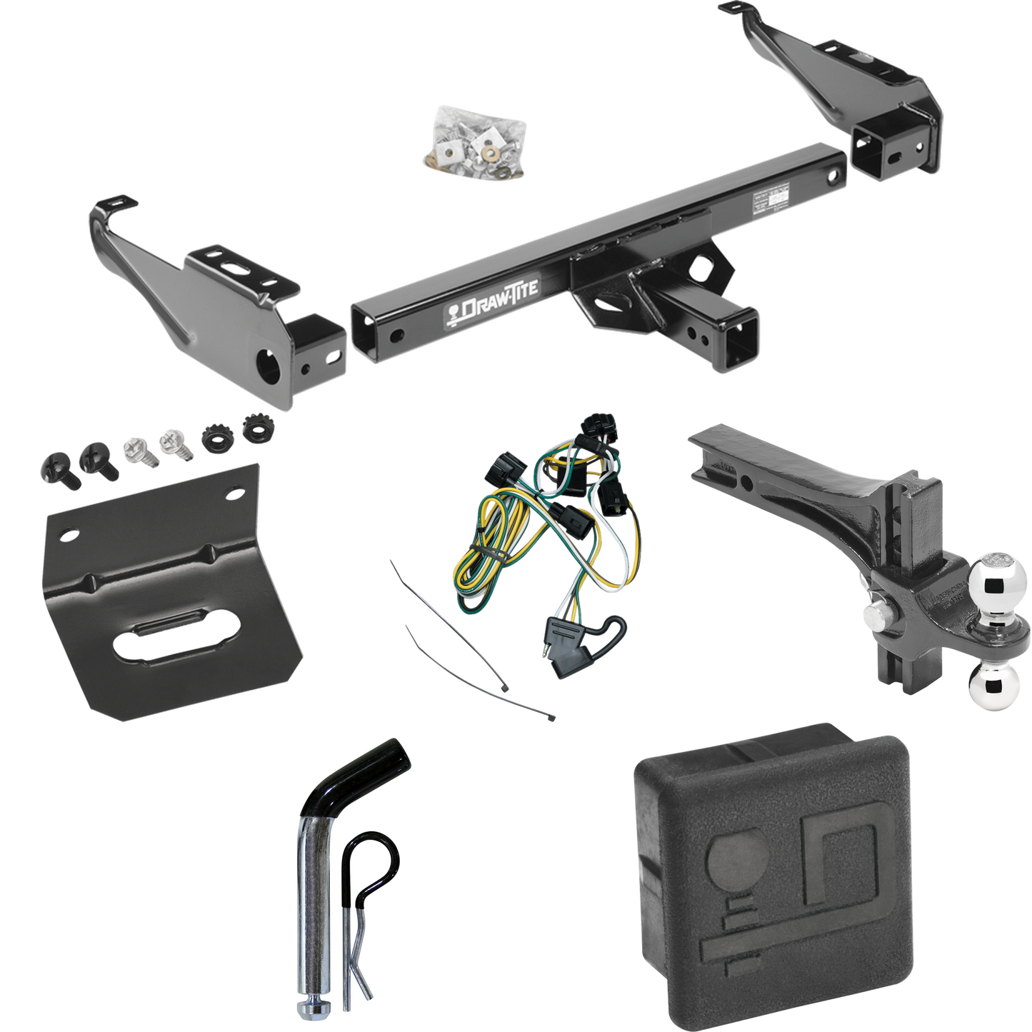 Fits 1995-2002 Dodge Ram 3500 Trailer Hitch Tow PKG w/ 4-Flat Wiring + Dual Adjustable Drop Rise Ball Ball Mount 2" & 2-5/16" Trailer Balls + Pin/Clip + Wiring Bracket + Hitch Cover By Draw-Tite