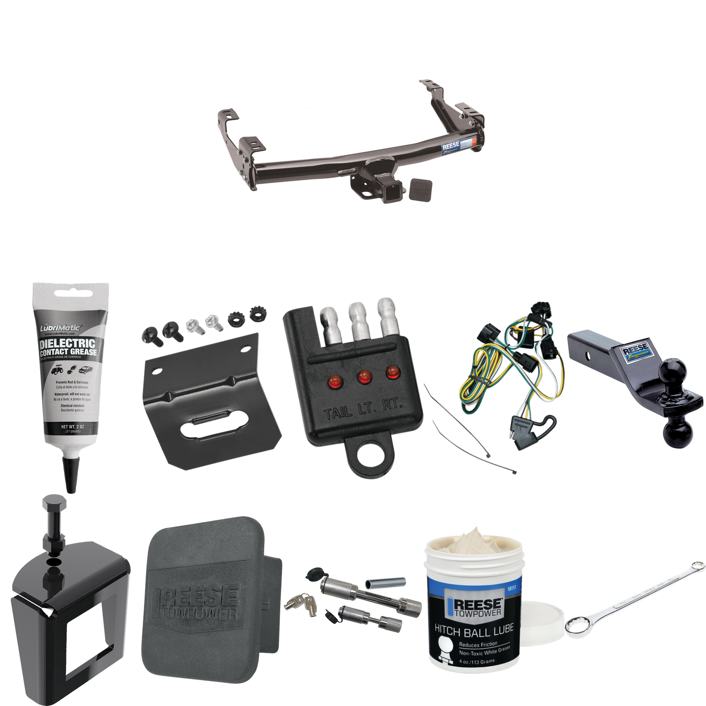 Fits 1995-2001 Dodge Ram 4000 Trailer Hitch Tow PKG w/ 4-Flat Wiring + Dual Ball Ball Mount 1-7/8" & 2" Trailer Balls + Wiring Bracket + Hitch Cover + Dual Hitch & Coupler Locks + Wiring Tester + Ball Lube + Electric Grease + Ball Wrench + Anti Rattl