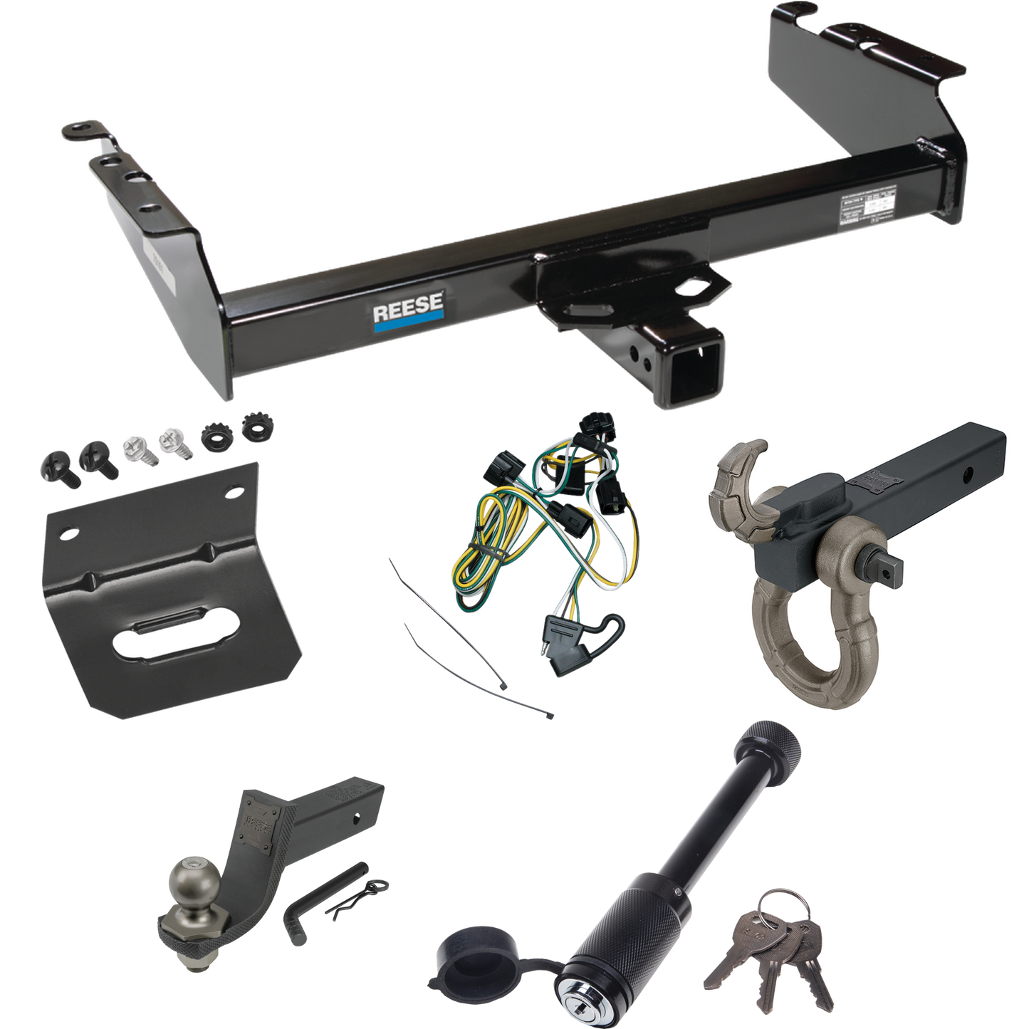 Fits 1995-2001 Dodge Ram 1500 Trailer Hitch Tow PKG w/ 4-Flat Wiring + Interlock Tactical Starter Kit w/ 3-1/4" Drop & 2" Ball + Tactical Hook & Shackle Mount + Tactical Dogbone Lock + Wiring Bracket By Reese Towpower