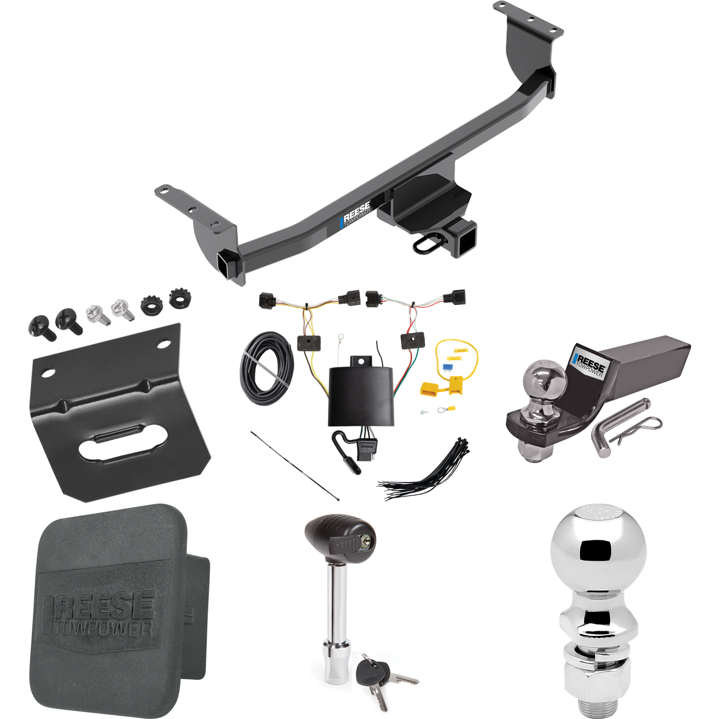 Fits 2020-2023 Nissan Rogue Sport Trailer Hitch Tow PKG w/ 4-Flat Wiring + Starter Kit Ball Mount w/ 2" Drop & 2" Ball + 2-5/16" Ball + Wiring Bracket + Hitch Lock + Hitch Cover By Reese Towpower