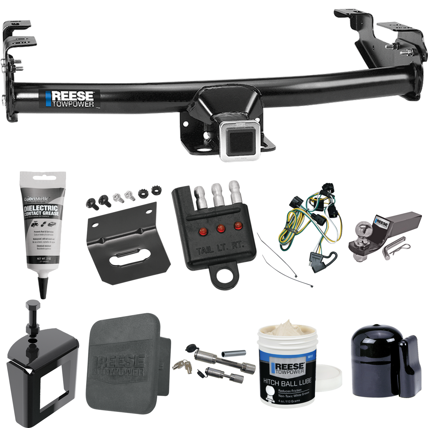 Fits 1995-2002 Dodge Ram 3500 Trailer Hitch Tow PKG w/ 4-Flat Wiring + Starter Kit Ball Mount w/ 2" Drop & 2" Ball + 1-7/8" Ball + Wiring Bracket + Dual Hitch & Coupler Locks + Hitch Cover + Wiring Tester + Ball Lube + Electric Grease + Ball Wrench +