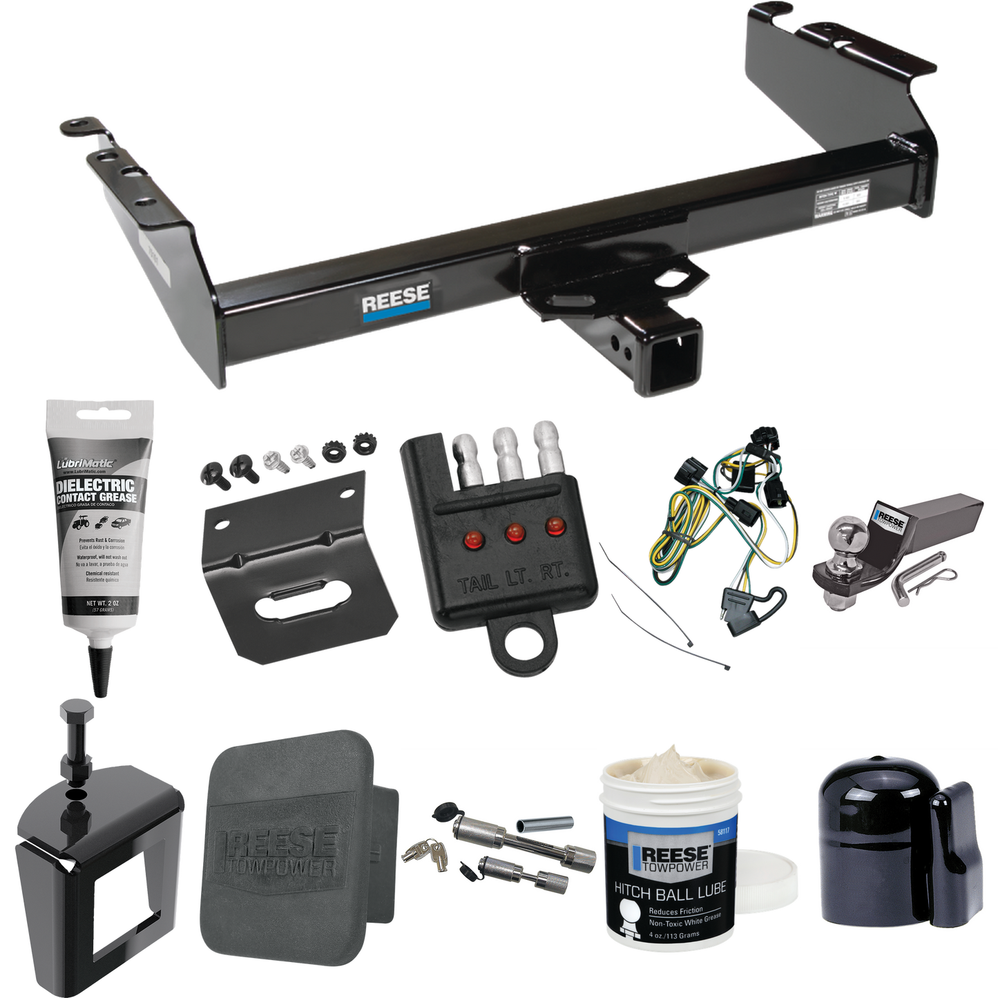 Fits 1995-2001 Dodge Ram 4000 Trailer Hitch Tow PKG w/ 4-Flat Wiring + Starter Kit Ball Mount w/ 2" Drop & 2" Ball + 1-7/8" Ball + Wiring Bracket + Dual Hitch & Coupler Locks + Hitch Cover + Wiring Tester + Ball Lube + Electric Grease + Ball Wrench +