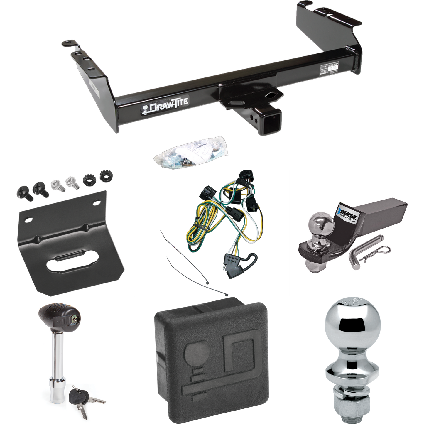 Fits 1995-2002 Dodge Ram 3500 Trailer Hitch Tow PKG w/ 4-Flat Wiring + Starter Kit Ball Mount w/ 2" Drop & 2" Ball + 1-7/8" Ball + Wiring Bracket + Hitch Lock + Hitch Cover By Draw-Tite