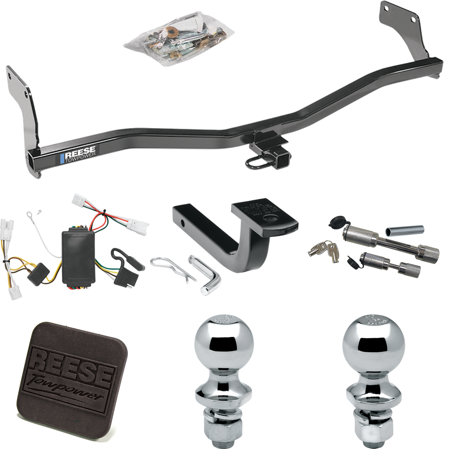 Fits 2007-2010 Hyundai Elantra Trailer Hitch Tow PKG w/ 4-Flat Wiring Harness + Draw-Bar + 1-7/8" + 2" Ball + Hitch Cover + Dual Hitch & Coupler Locks (For Sedan Models) By Reese Towpower