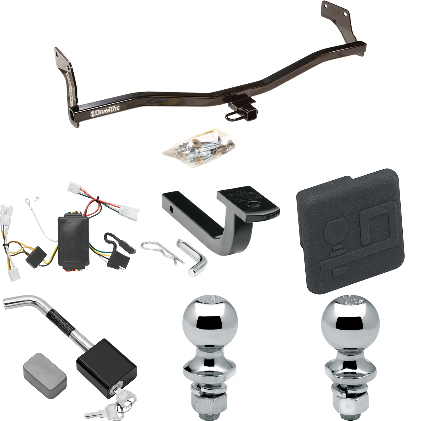 Se adapta al paquete de enganche de remolque Hyundai Elantra 2007-2010 con arnés de cableado de 4 planos + barra de tracción + bola de 1-7/8" + bola de 2" + cubierta de enganche + bloqueo de enganche (para modelos sedán) de Draw-Tite