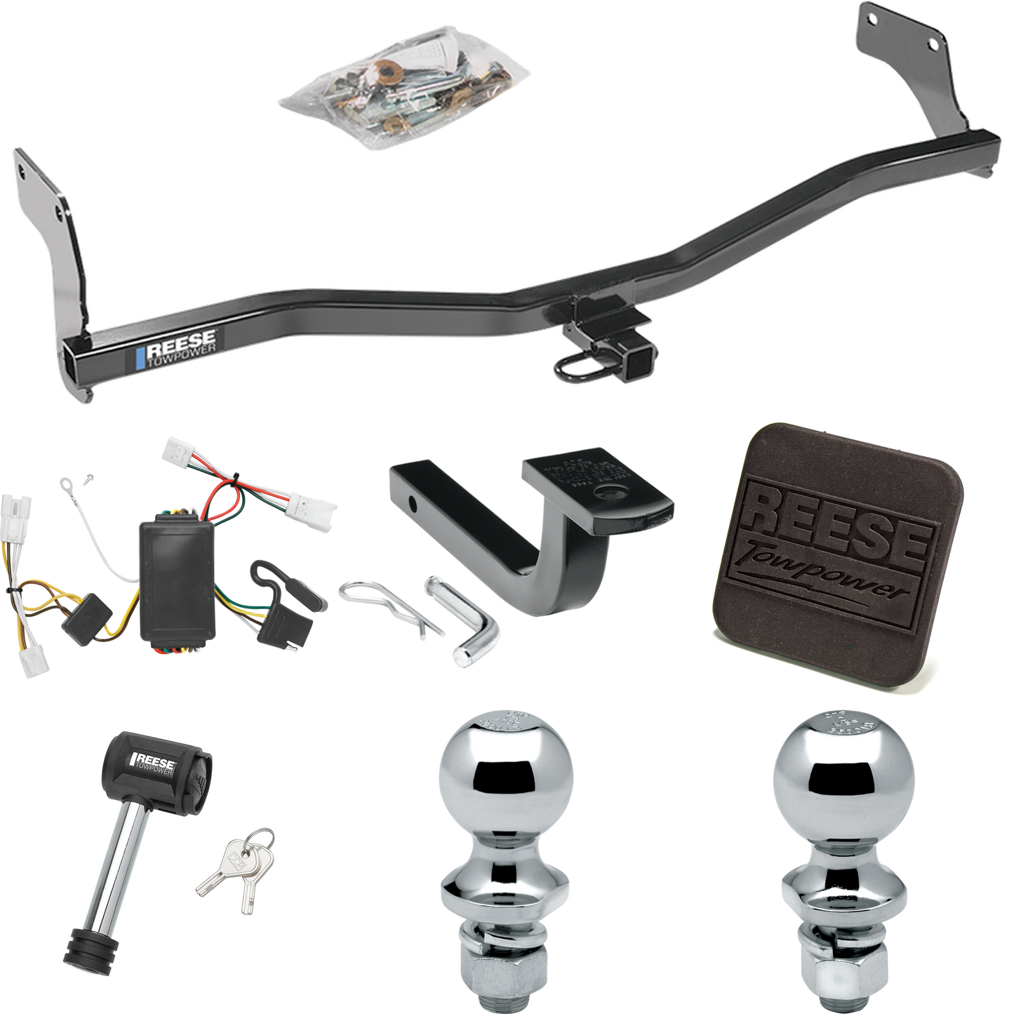 Fits 2007-2010 Hyundai Elantra Trailer Hitch Tow PKG w/ 4-Flat Wiring Harness + Draw-Bar + 1-7/8" + 2" Ball + Hitch Cover + Hitch Lock (For Sedan Models) By Reese Towpower