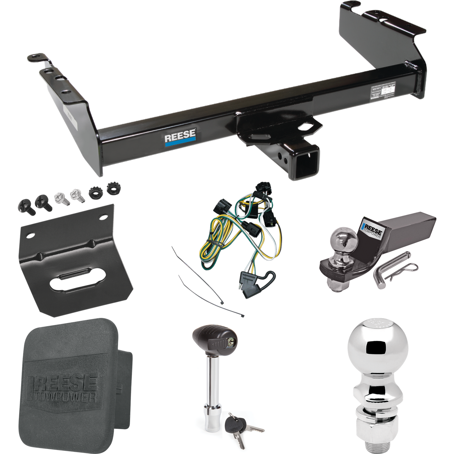 Fits 1995-2001 Dodge Ram 4000 Trailer Hitch Tow PKG w/ 4-Flat Wiring + Starter Kit Ball Mount w/ 2" Drop & 2" Ball + 2-5/16" Ball + Wiring Bracket + Hitch Lock + Hitch Cover By Reese Towpower